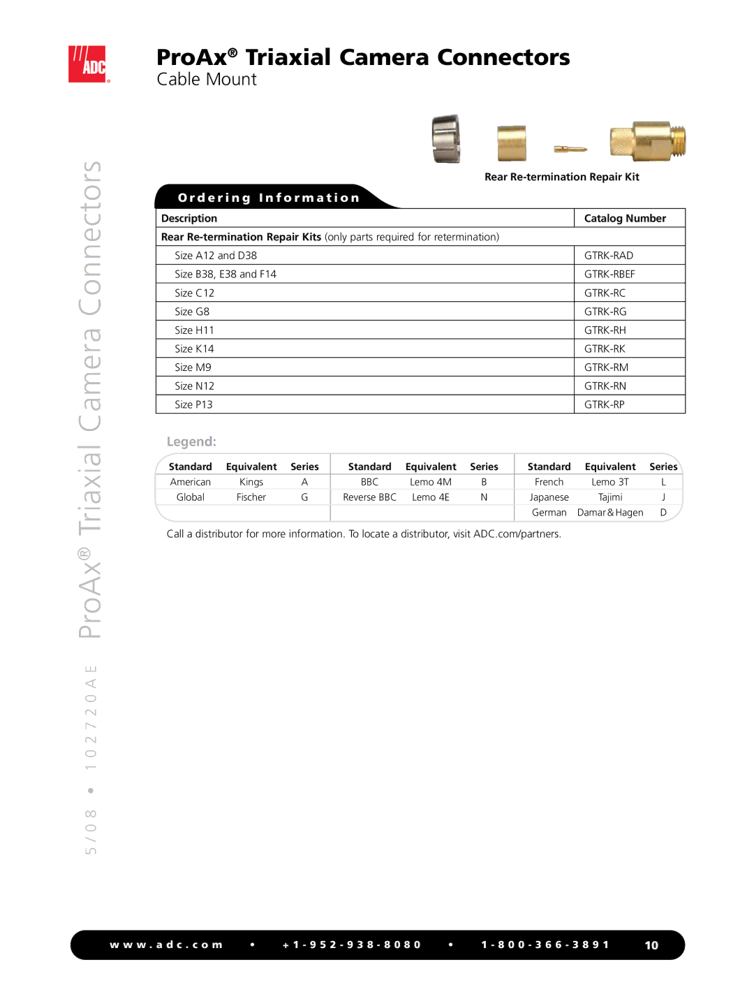 ADC ProAx manual Rear Re-termination Repair Kit, Description Catalog Number 