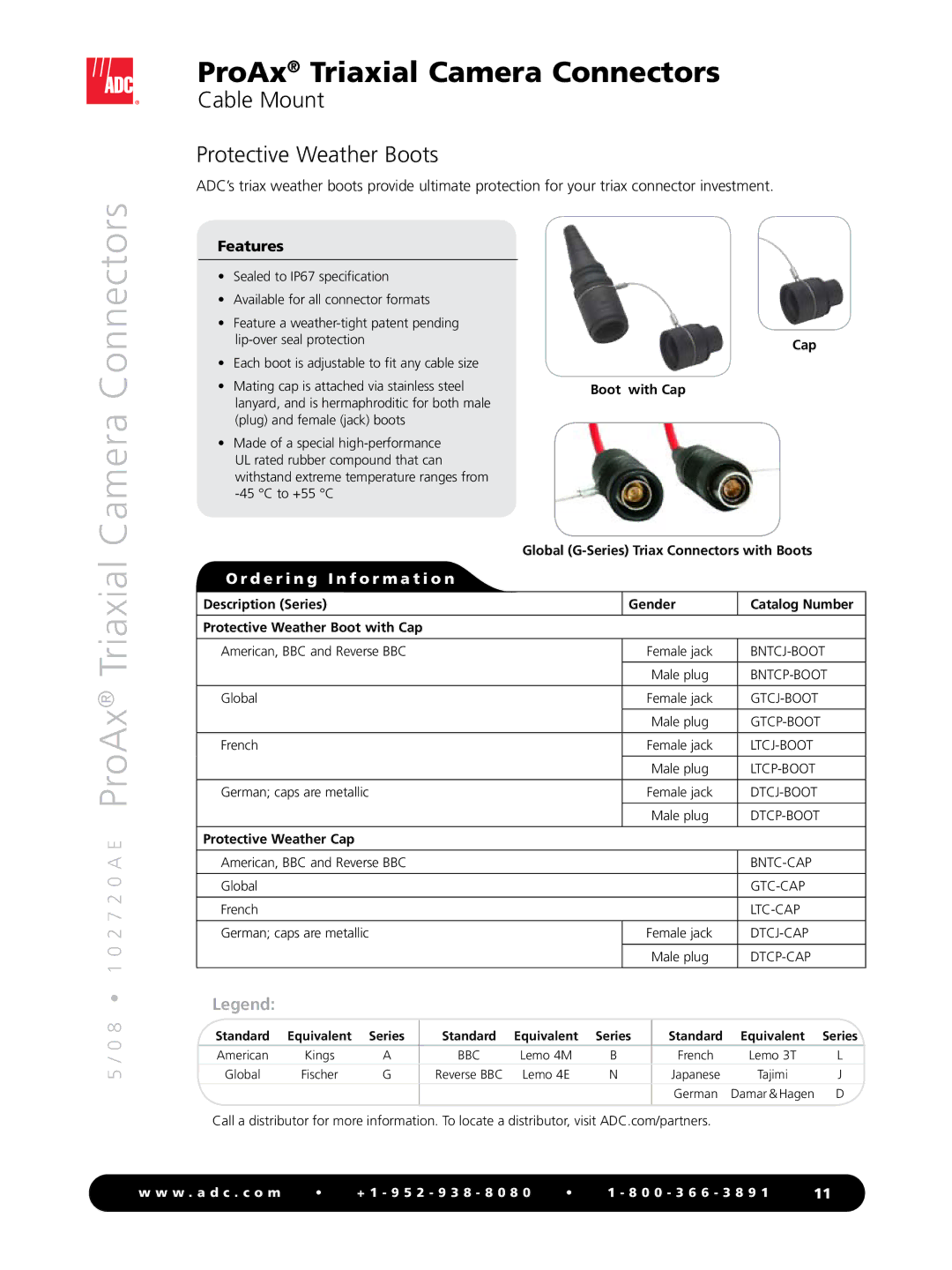 ADC ProAx manual Cable Mount Protective Weather Boots, Boot with Cap, Global G-Series Triax Connectors with Boots 