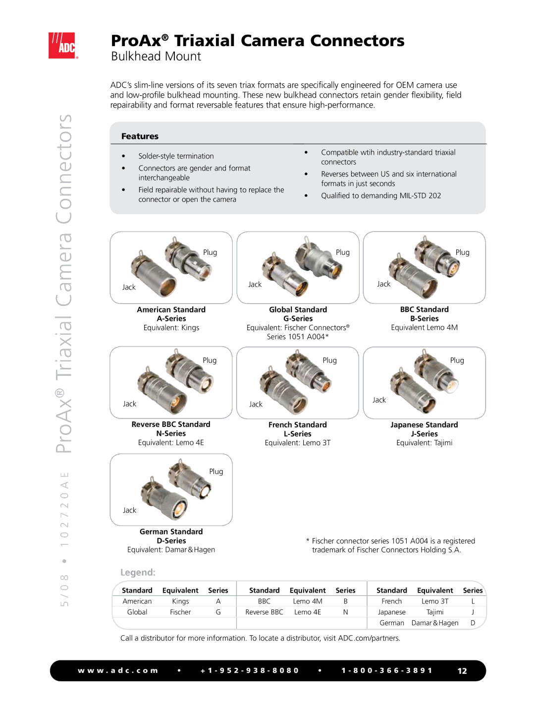 ADC manual Connectors, 2 7 2 0 a E ProAx Triaxial Camera, Bulkhead Mount, Global Standard 