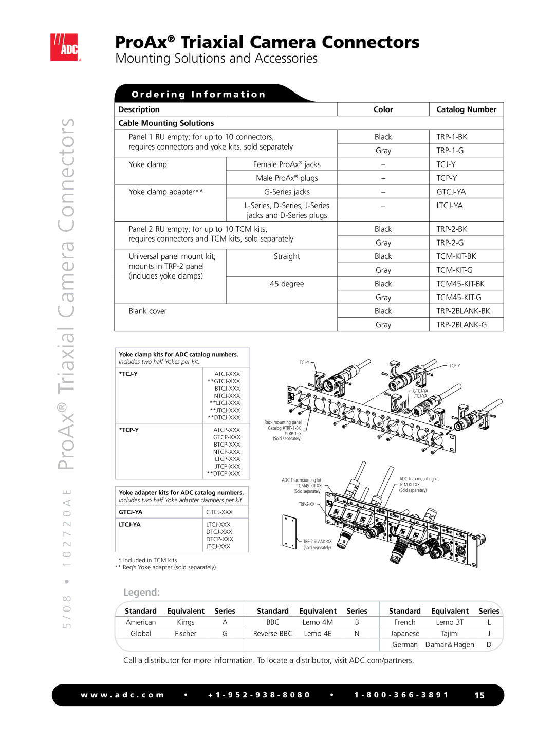 ADC ProAx Camera Connectors, Mounting Solutions and Accessories, Description Color Catalog Number Cable Mounting Solutions 