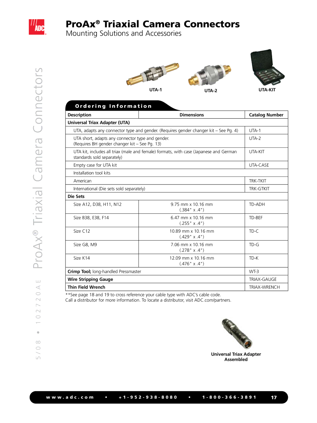 ADC ProAx manual Die Sets, Wire Stripping Gauge, Thin Field Wrench, Universal Triax Adapter Assembled 