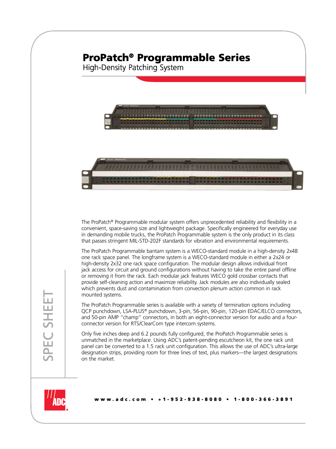 ADC manual ProPatch Programmable Series, High-Density Patching System, Spec Sheet 