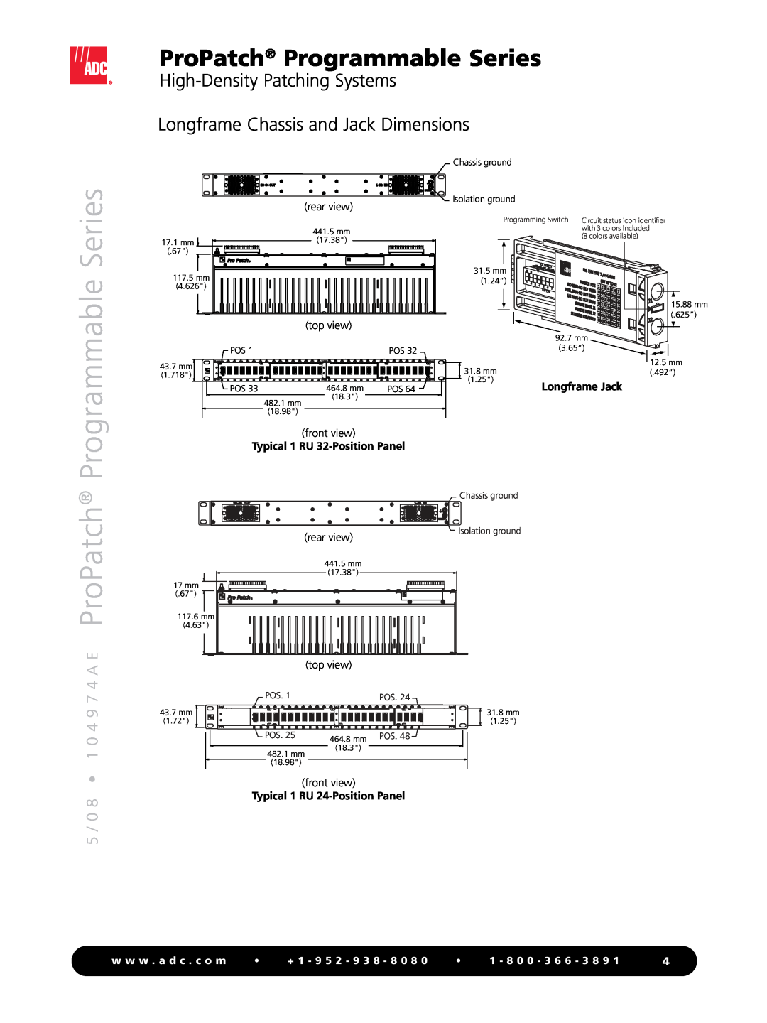 ADC High-Density Patching Systems Longframe Chassis and Jack Dimensions, ProPatch Programmable Series, rear view, 1.72 