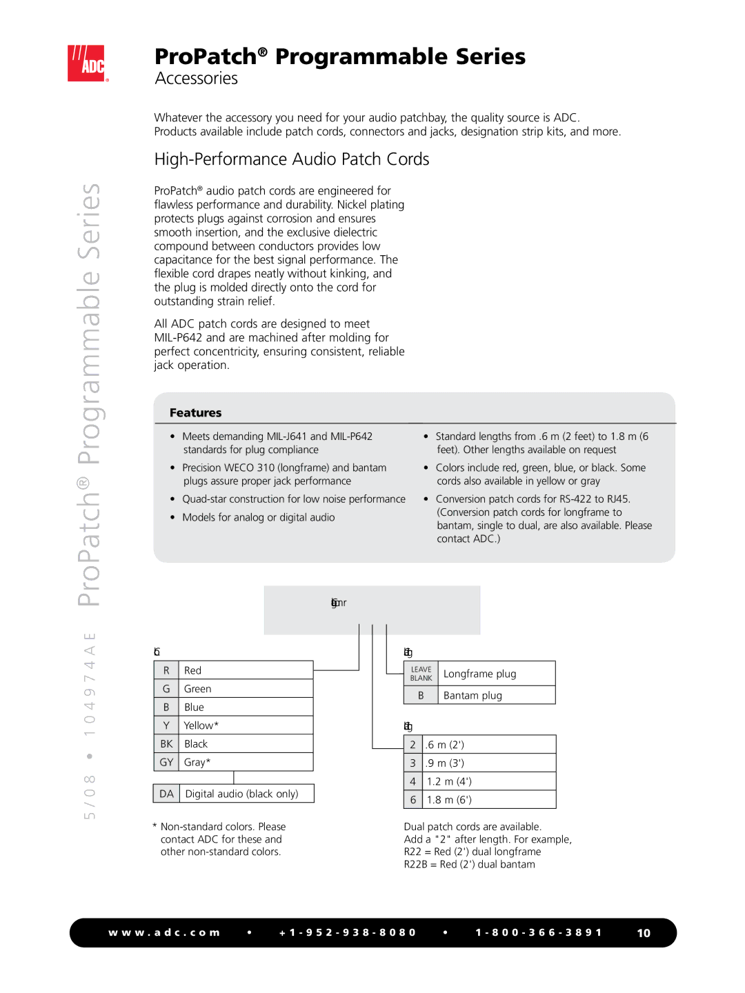 ADC Programmable Series manual ProPatch, High-Performance Audio Patch Cords, Color, Cable Length 