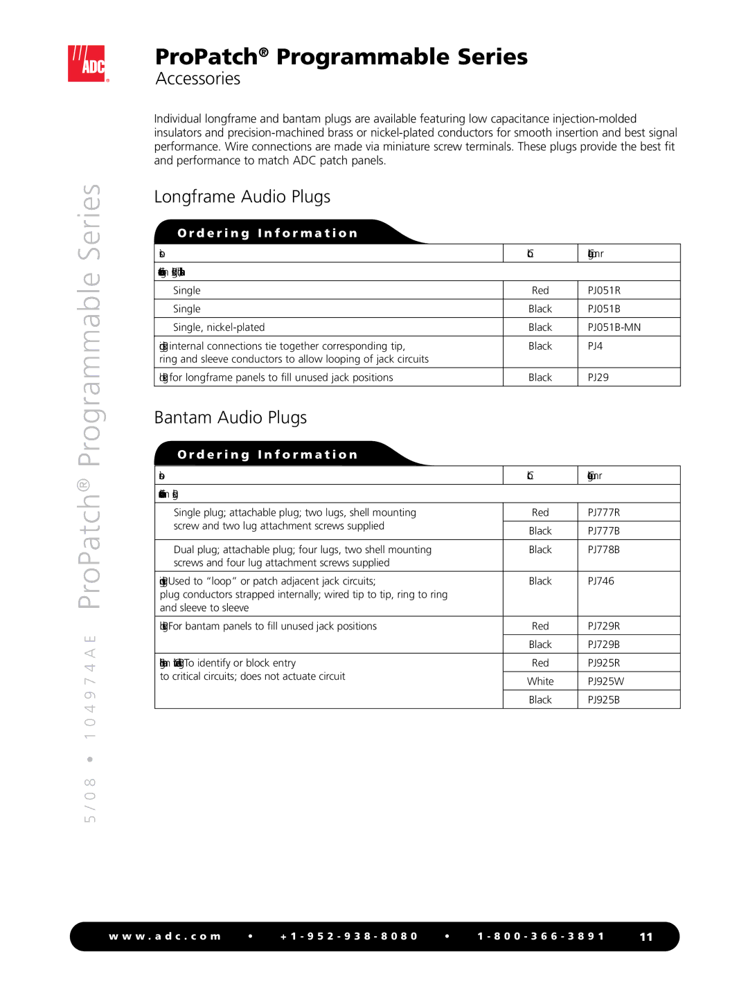 ADC Programmable Series manual Longframe Audio Plugs, Bantam Audio Plugs 