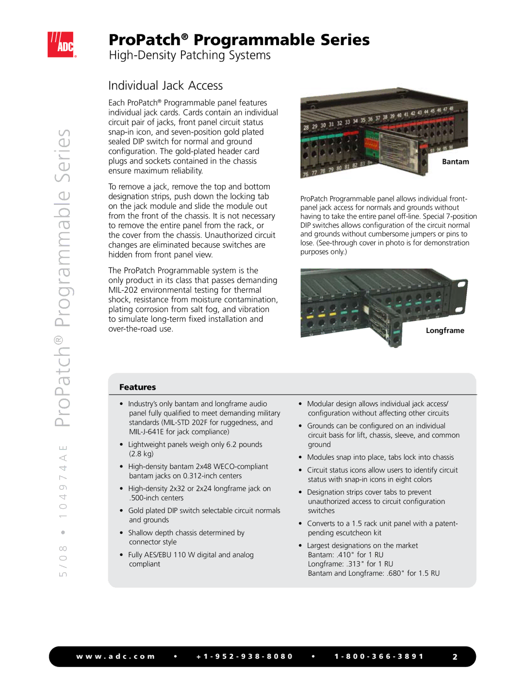 ADC Programmable Series manual High-Density Patching Systems Individual Jack Access, Bantam, Longframe 