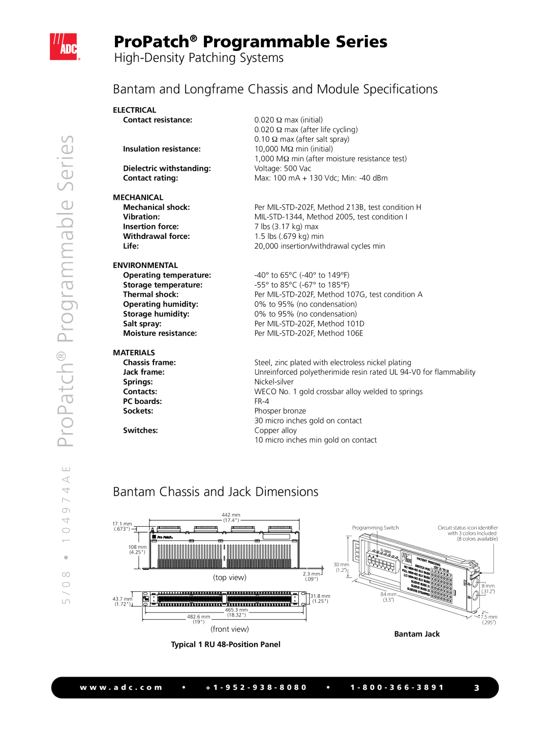 ADC manual 8 1 0 4 9 7 4 a E ProPatch Programmable Series, Bantam Chassis and Jack Dimensions 