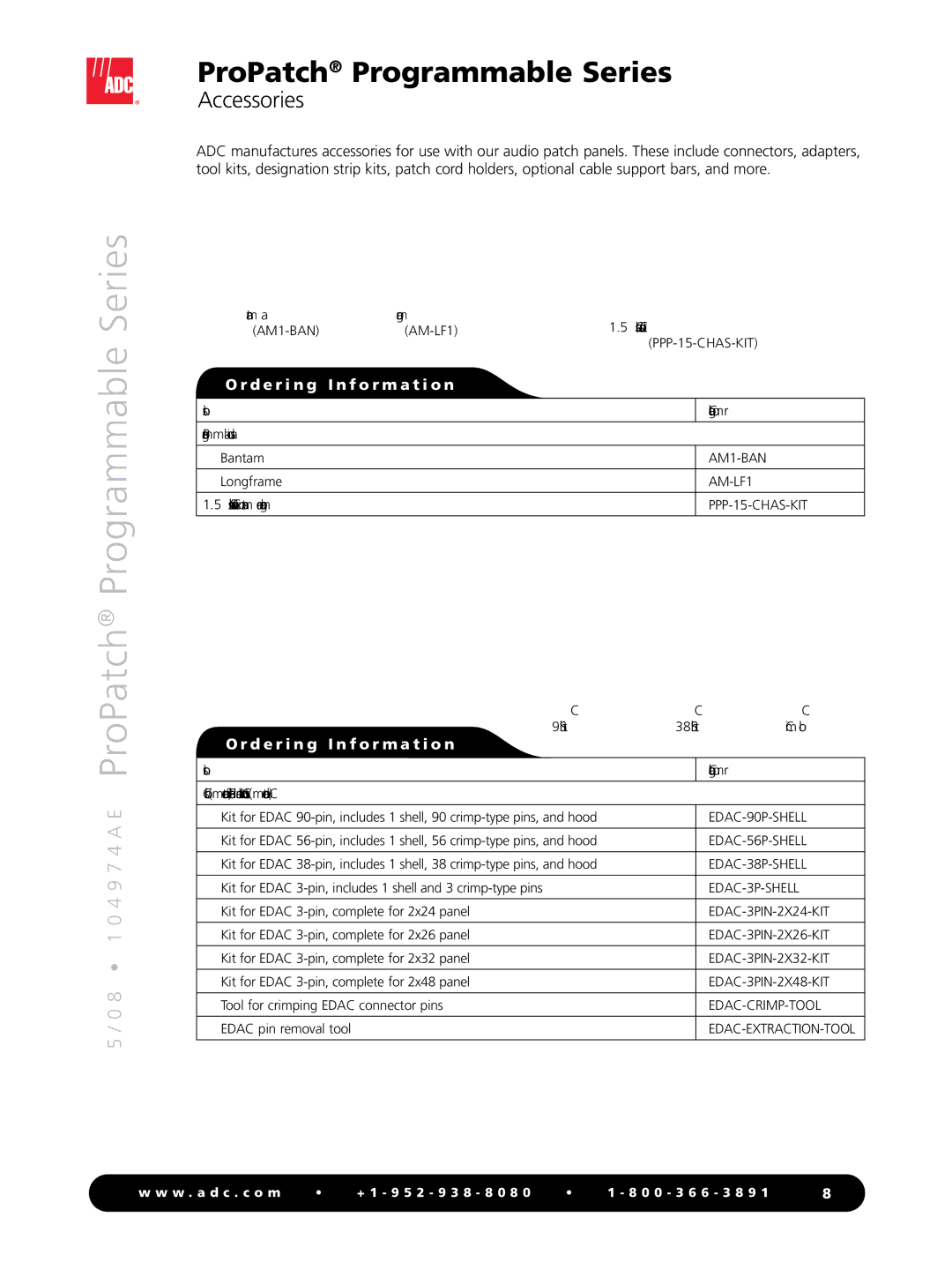 ADC Programmable Series manual Accessories, AM1-BAN, Description Catalog Number Programmable Audio Jacks, Shell Kit 