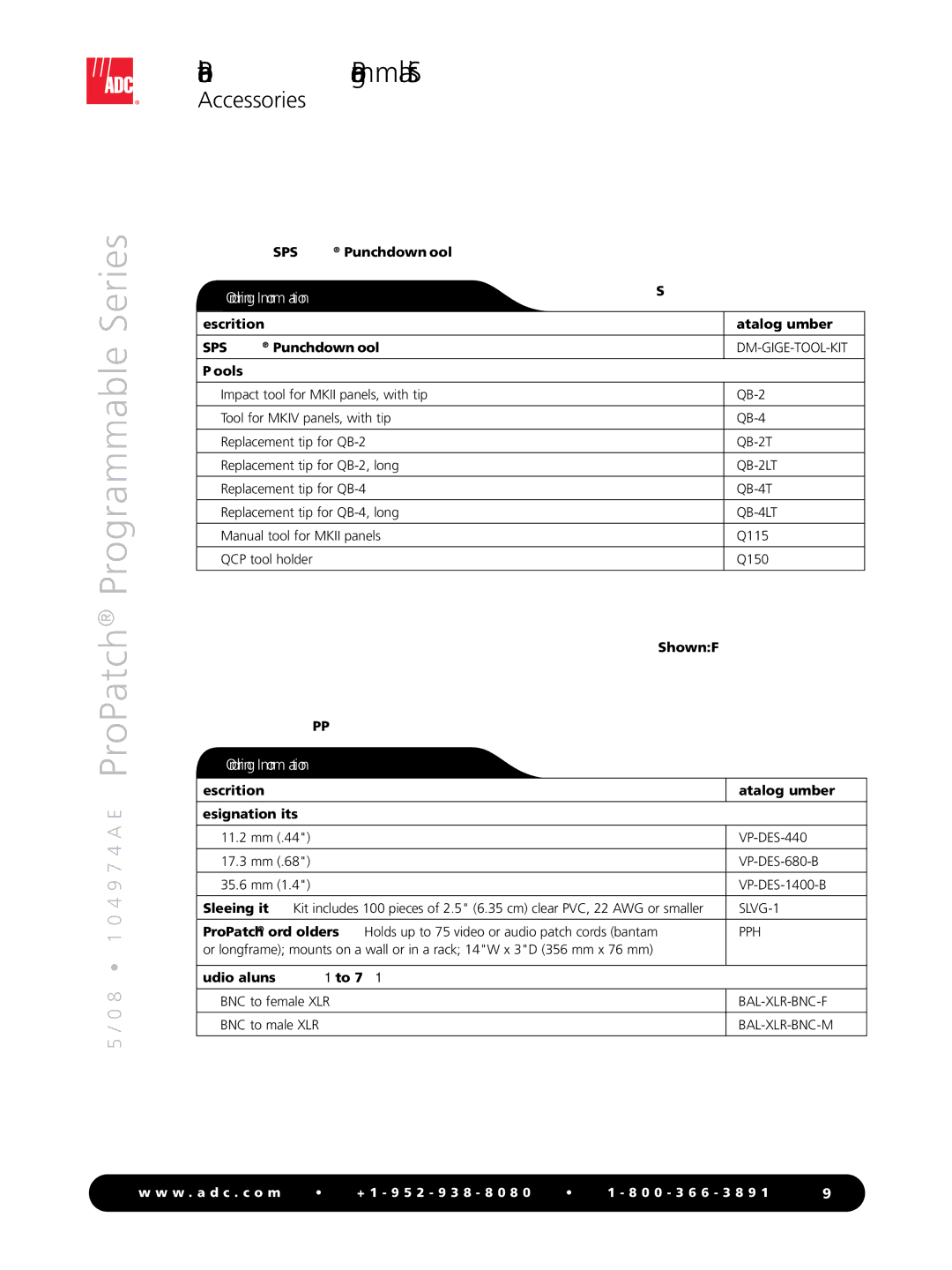 ADC Programmable Series manual QB-2, 150, 115, Description Catalog Number LSA-PLUSPunchdown Tool, QCP Tools 