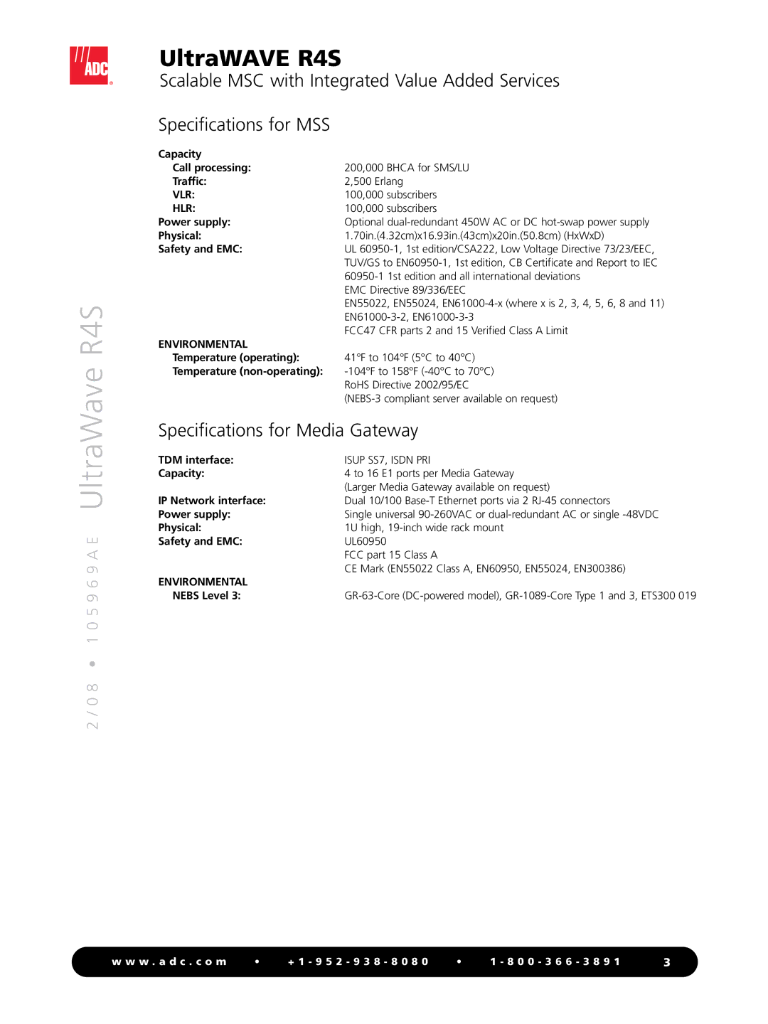 ADC R4S manual Specifications for Media Gateway 