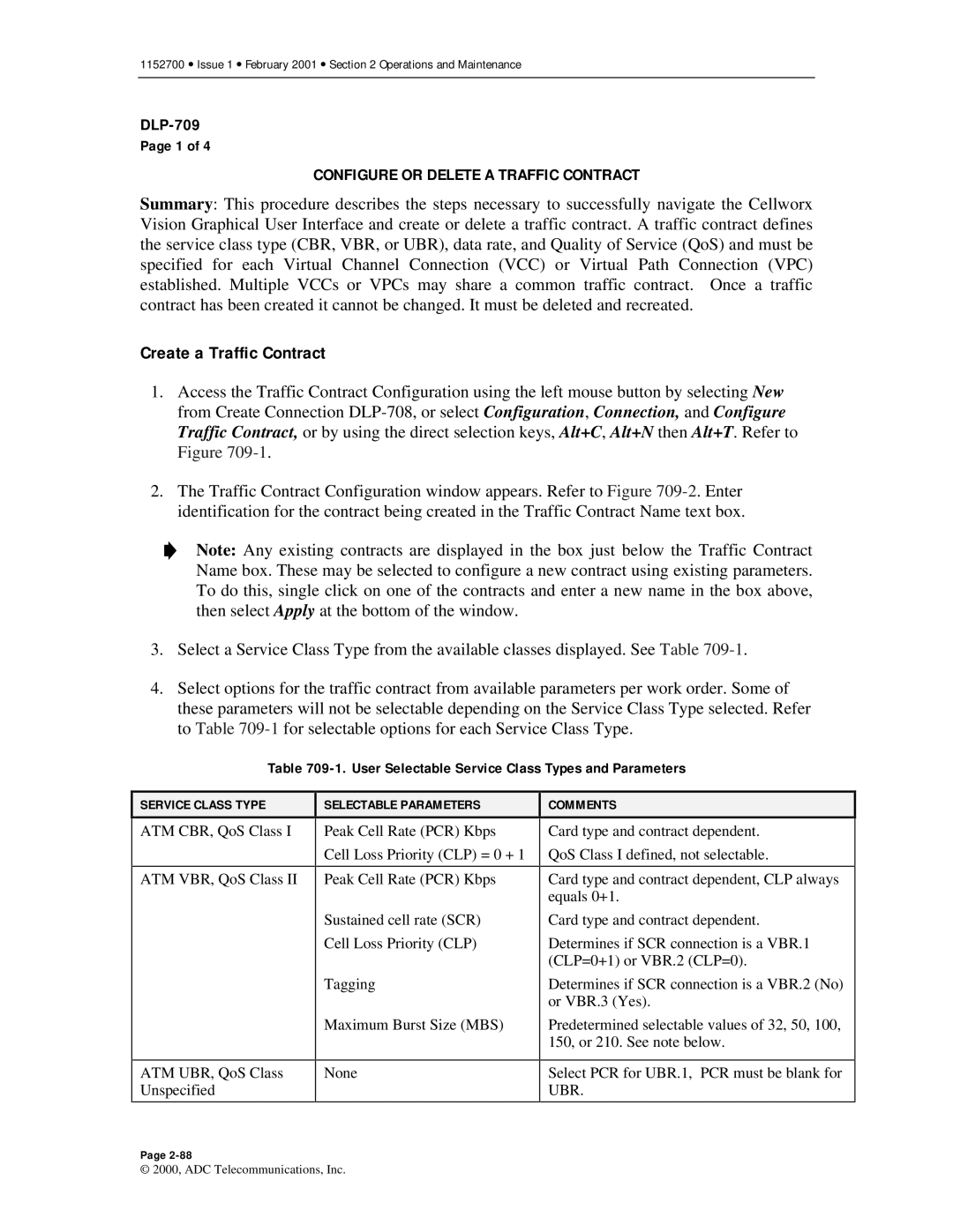 ADC Release 3.1 user manual Configure or Delete a Traffic Contract, User Selectable Service Class Types and Parameters 