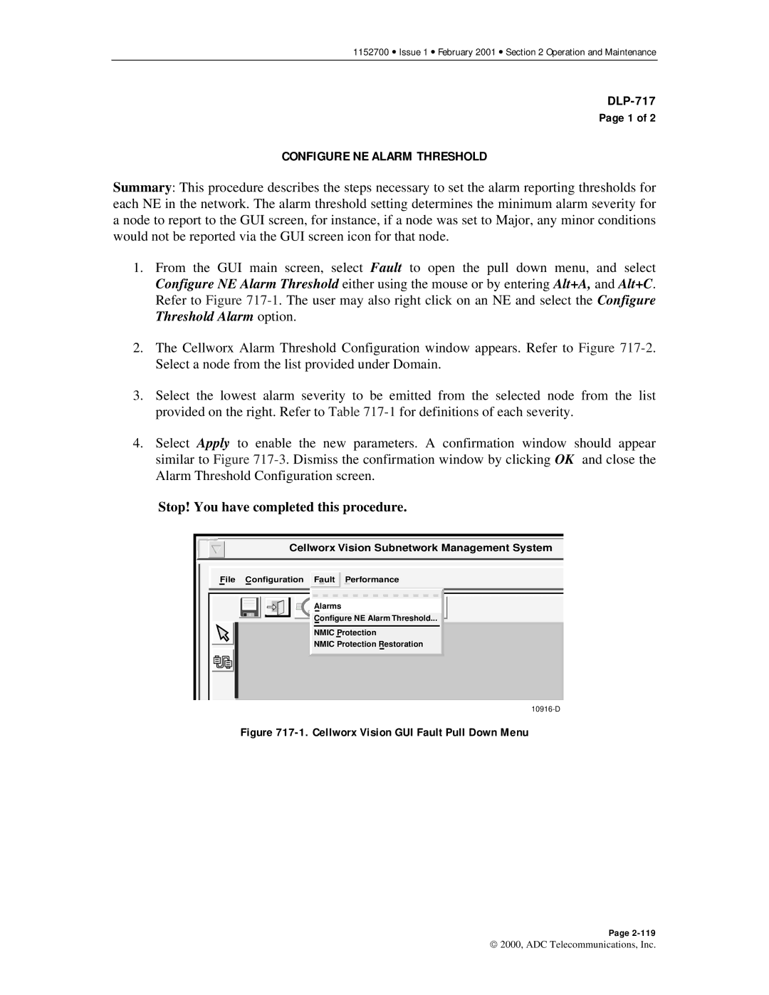 ADC Release 3.1 user manual Configure NE Alarm Threshold, Cellworx Vision GUI Fault Pull Down Menu 