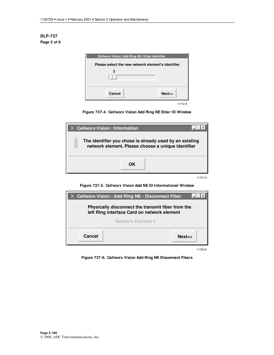 ADC Release 3.1 user manual Cellworx Vision Add Ring NE Enter ID Window, Cellworx Vision Add NE ID Informational Window 