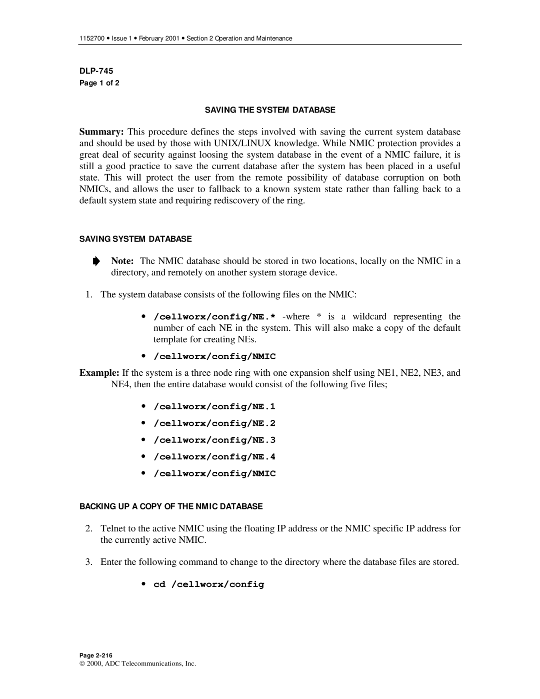 ADC Release 3.1 user manual Saving the System Database, Saving System Database, Backing UP a Copy of the Nmic Database 