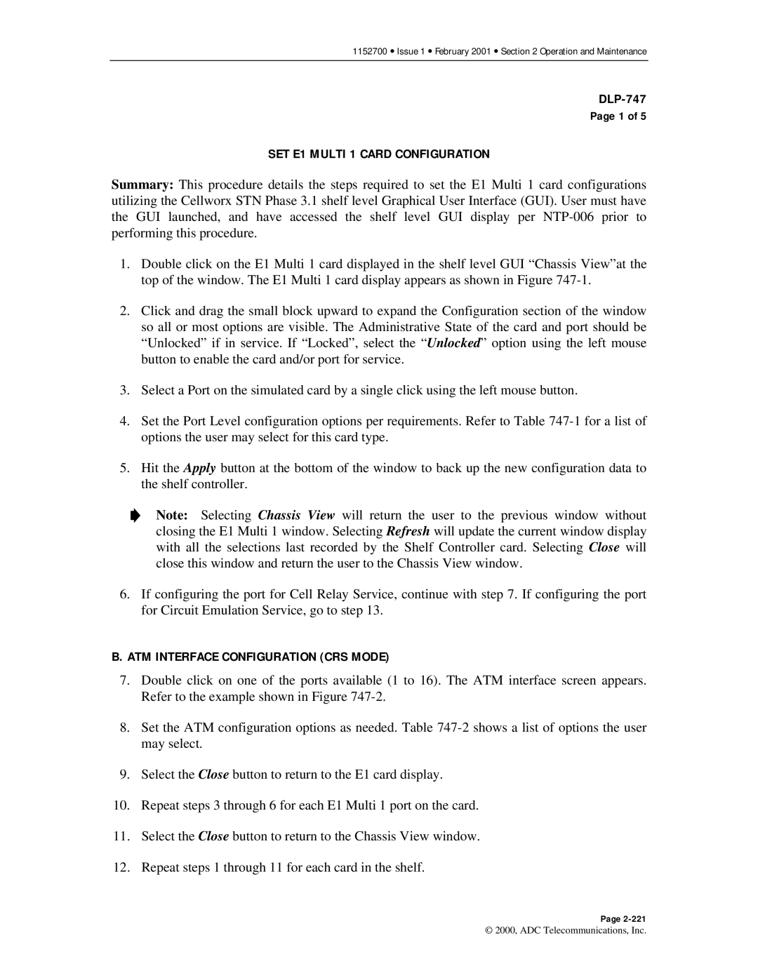 ADC Release 3.1 user manual SET E1 Multi 1 Card Configuration, ATM Interface Configuration CRS Mode 