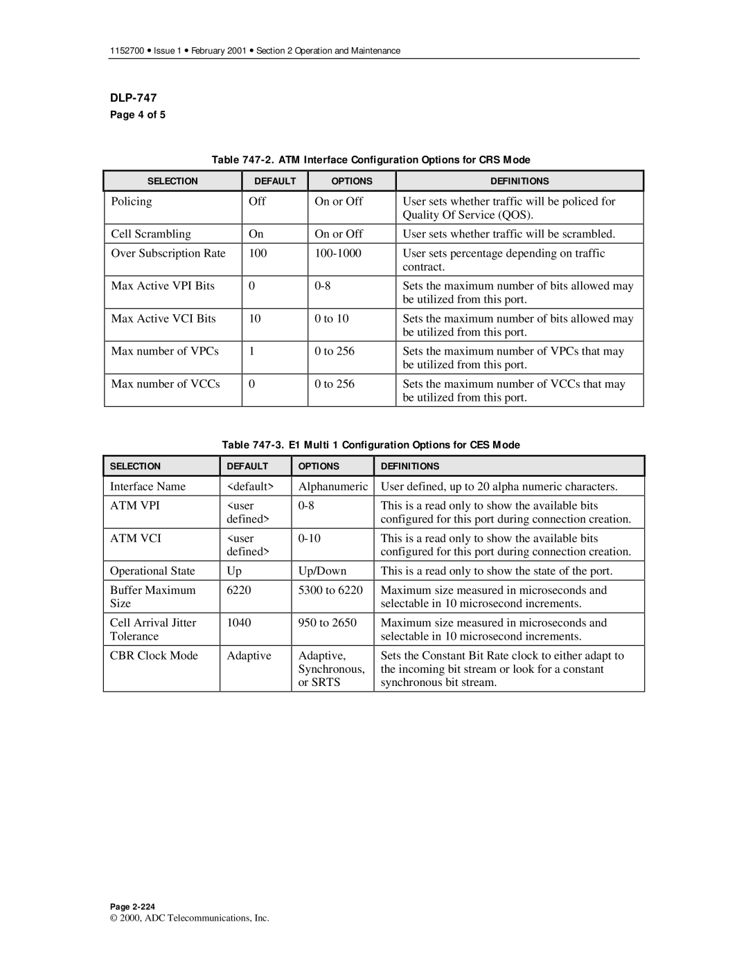 ADC Release 3.1 user manual ATM Interface Configuration Options for CRS Mode, E1 Multi 1 Configuration Options for CES Mode 