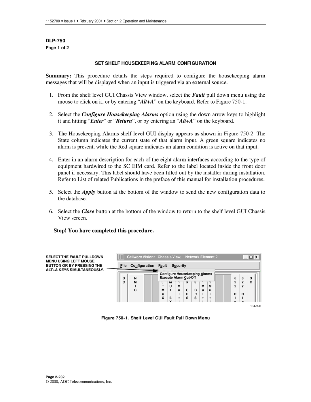 ADC Release 3.1 user manual SET Shelf Housekeeping Alarm Configuration, Shelf Level GUI Fault Pull Down Menu 