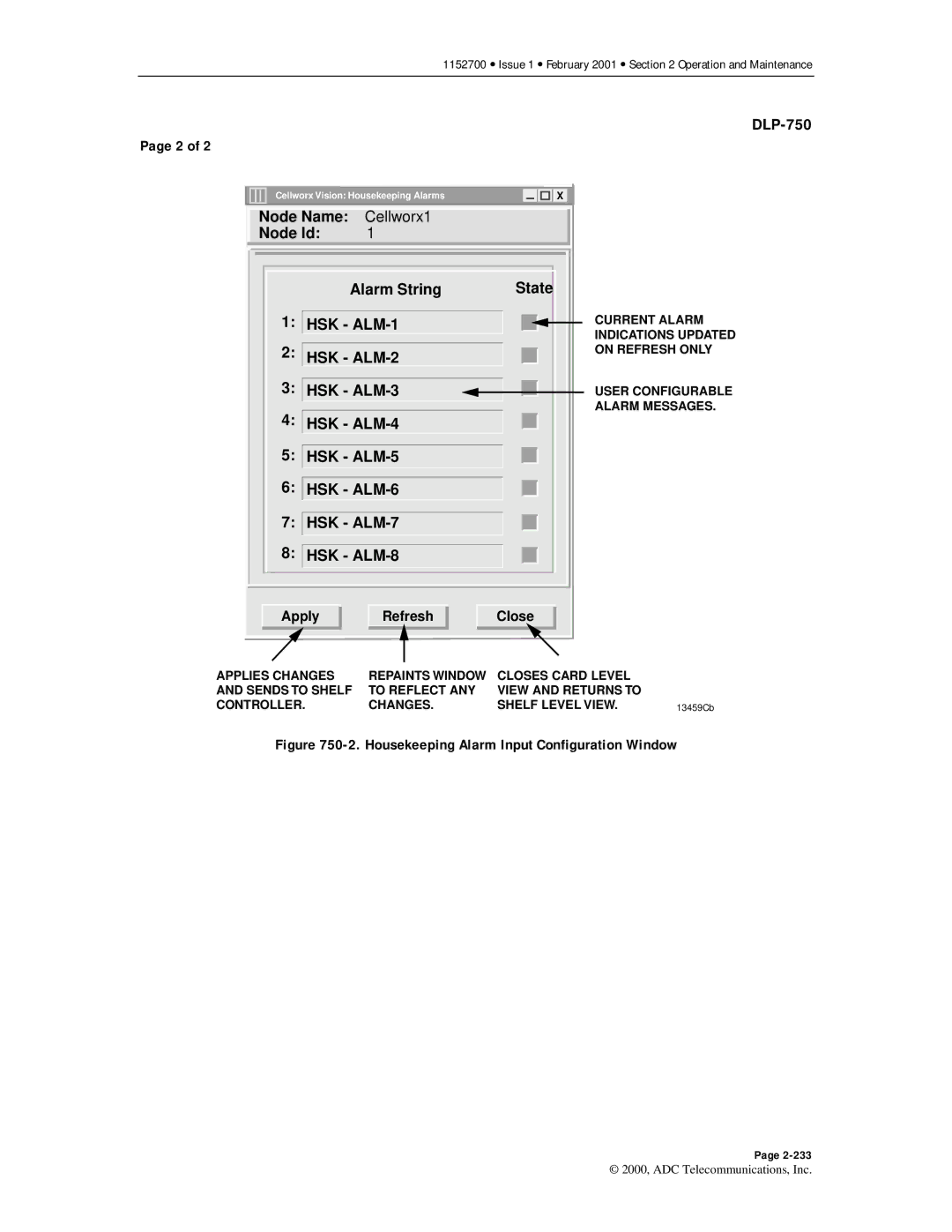 ADC Release 3.1 user manual Node Name Cellworx1 Node Id Alarm String State HSK ALM-1, HSK ALM-2, HSK ALM-3, HSK ALM-4 