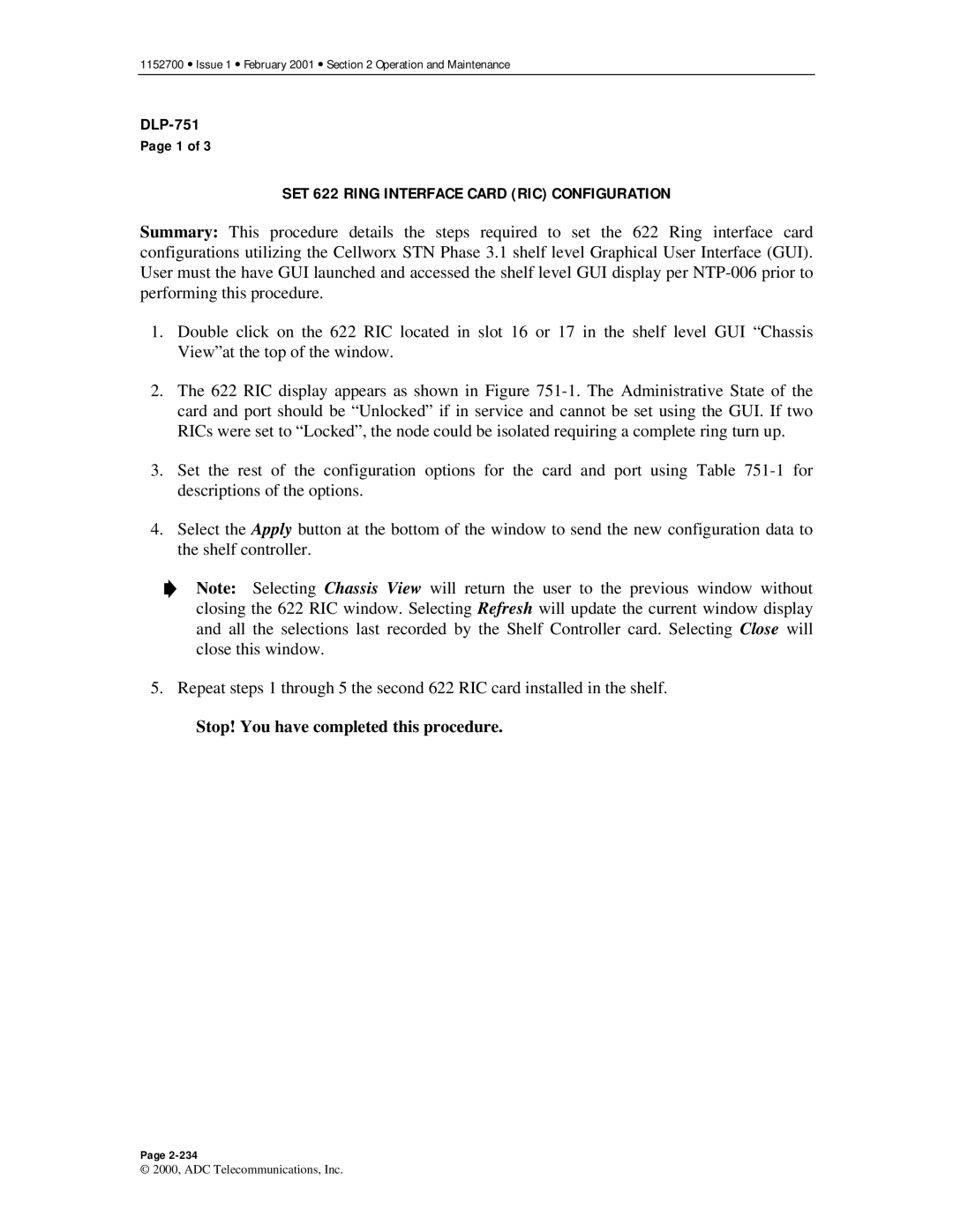 ADC Release 3.1 user manual SET 622 Ring Interface Card RIC Configuration 