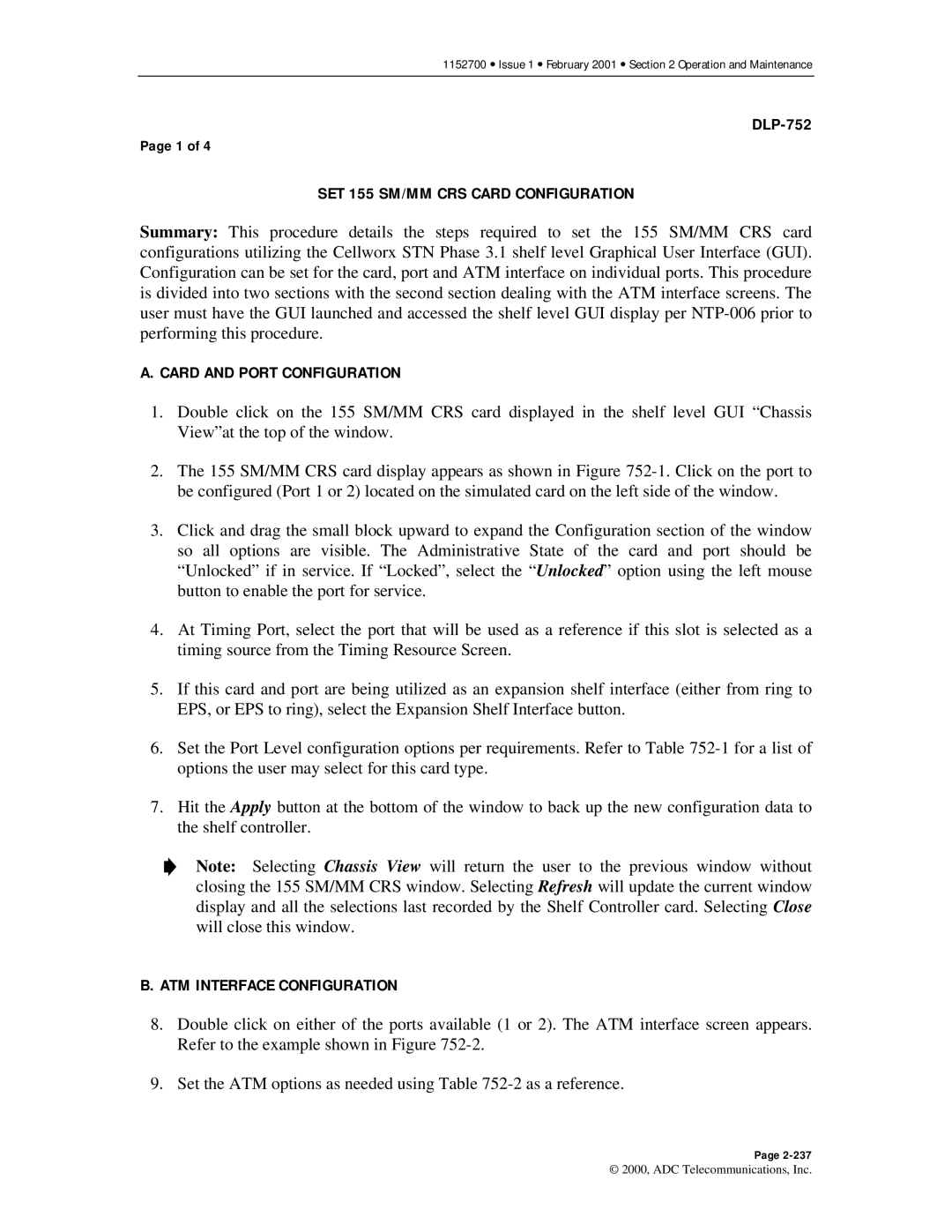 ADC Release 3.1 user manual SET 155 SM/MM CRS Card Configuration, Card and Port Configuration, ATM Interface Configuration 