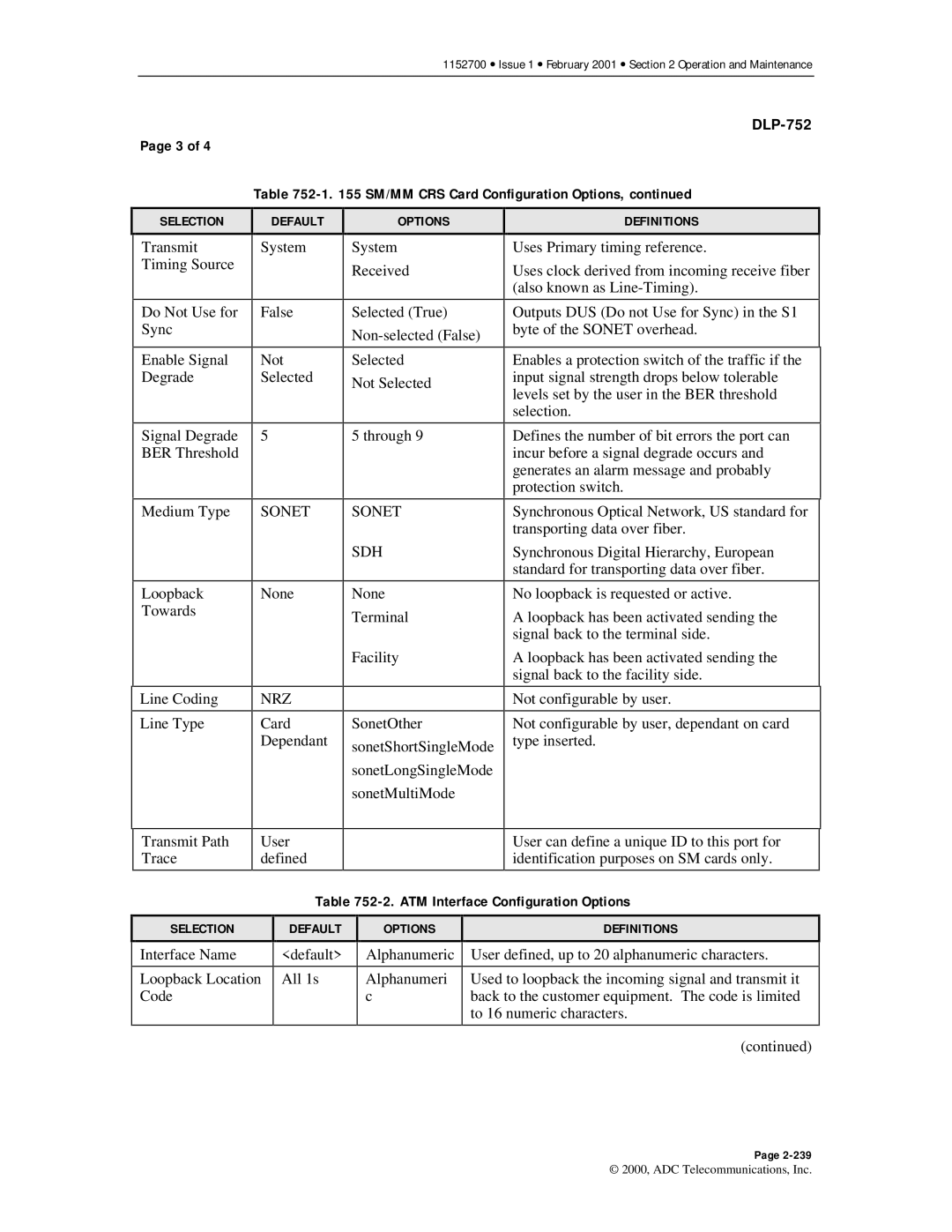 ADC Release 3.1 user manual Sonet, ATM Interface Configuration Options 