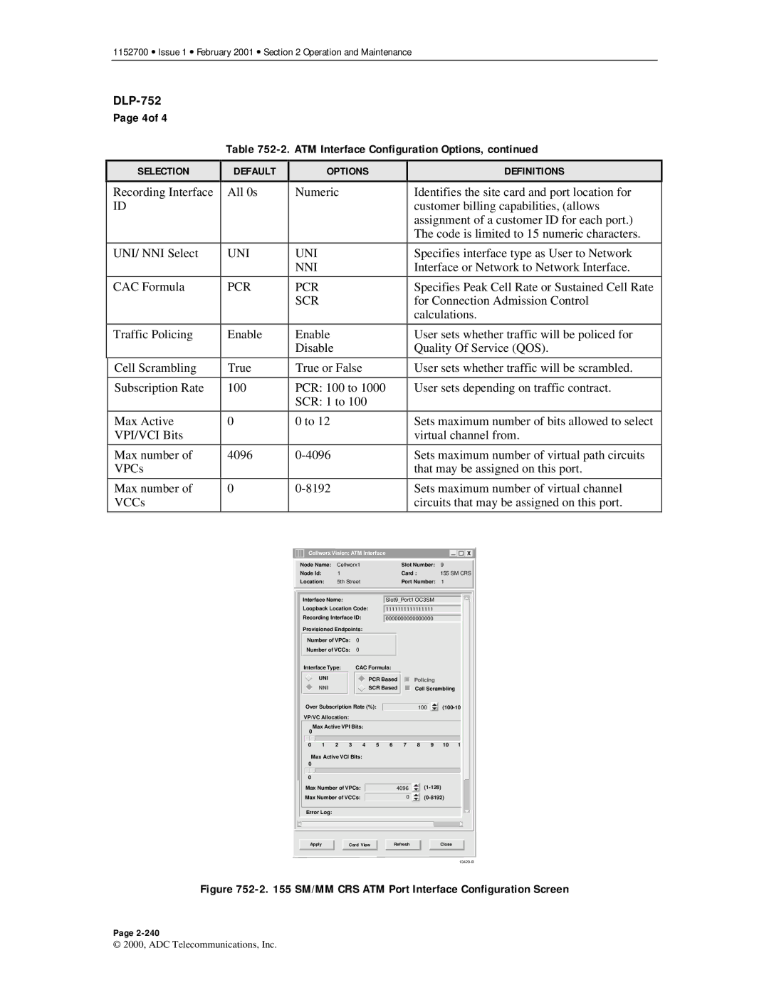 ADC Release 3.1 user manual 4of ATM Interface Configuration Options, SM/MM CRS ATM Port Interface Configuration Screen 