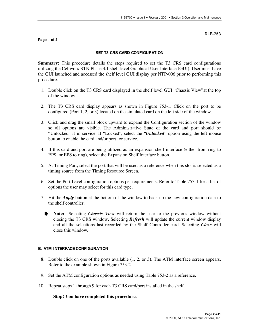 ADC Release 3.1 user manual SET T3 CRS Card Configuration, ATM Interface Configuration 