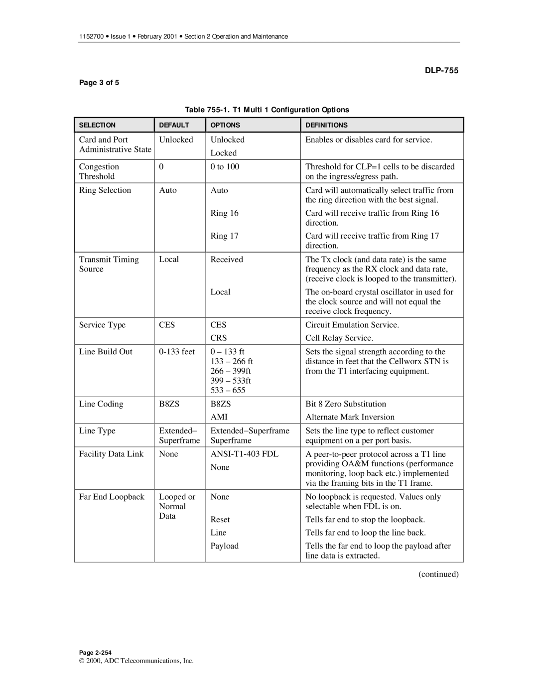 ADC Release 3.1 user manual T1 Multi 1 Configuration Options, Service Type, B8ZS AMI, ANSI-T1-403 FDL 