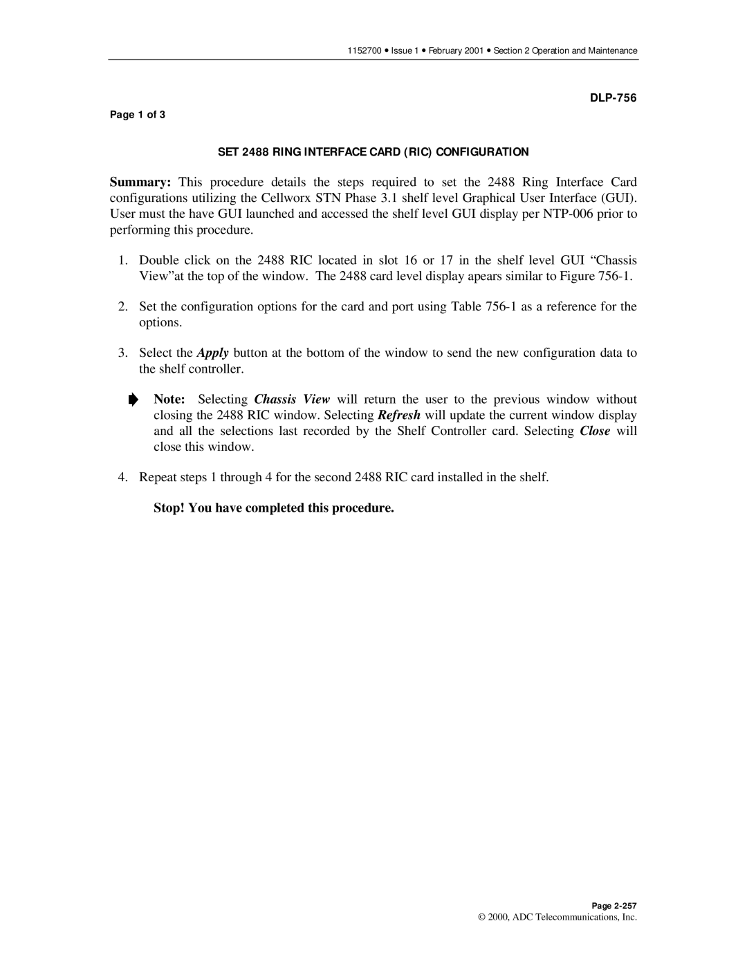 ADC Release 3.1 user manual SET 2488 Ring Interface Card RIC Configuration 