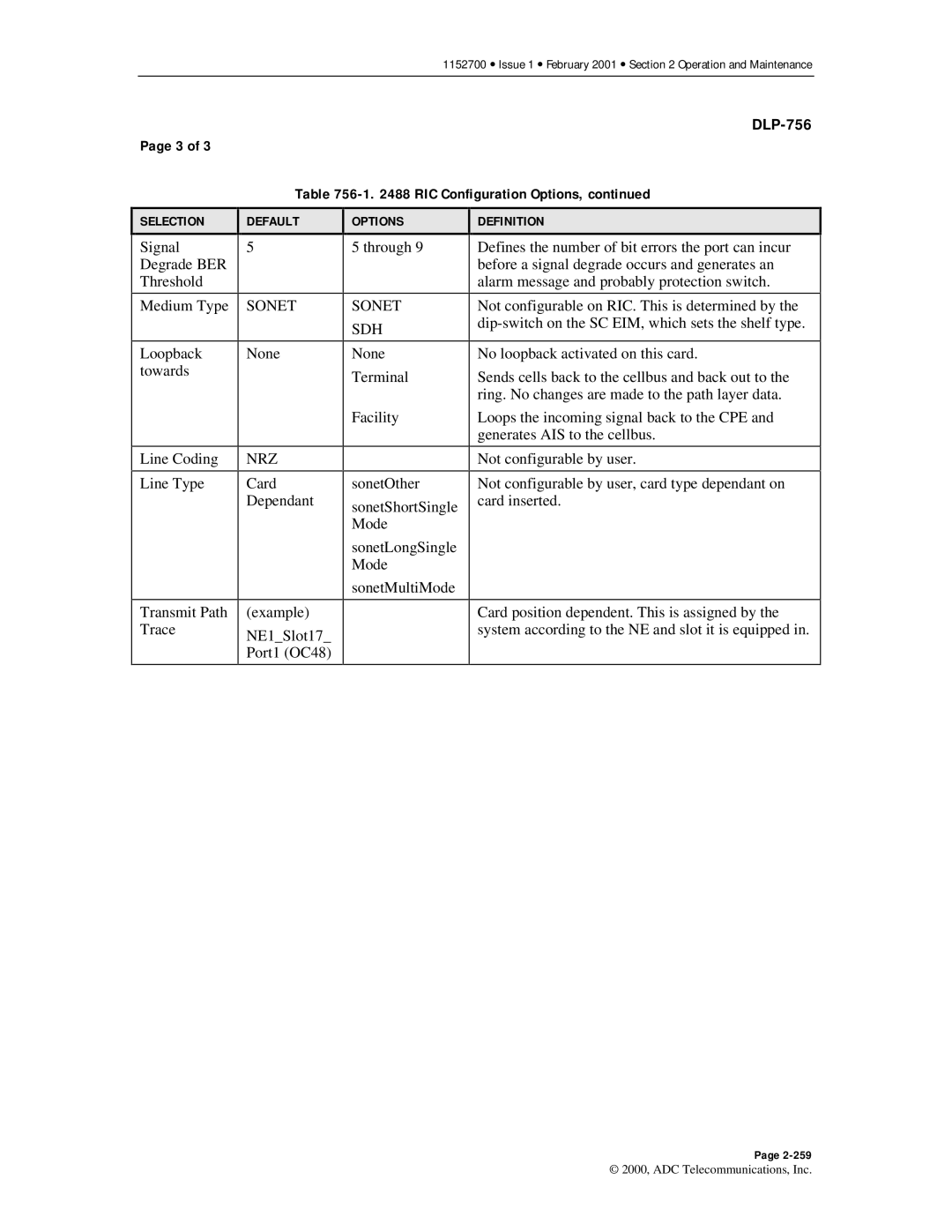 ADC Release 3.1 user manual RIC Configuration Options, Sonet 