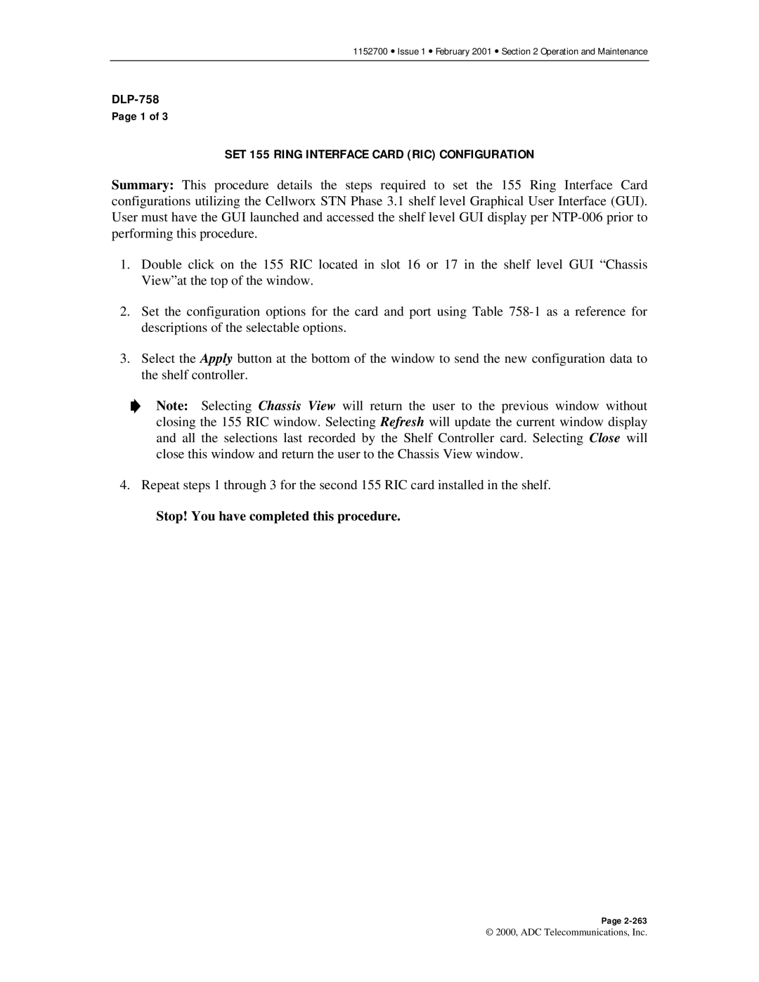 ADC Release 3.1 user manual SET 155 Ring Interface Card RIC Configuration 