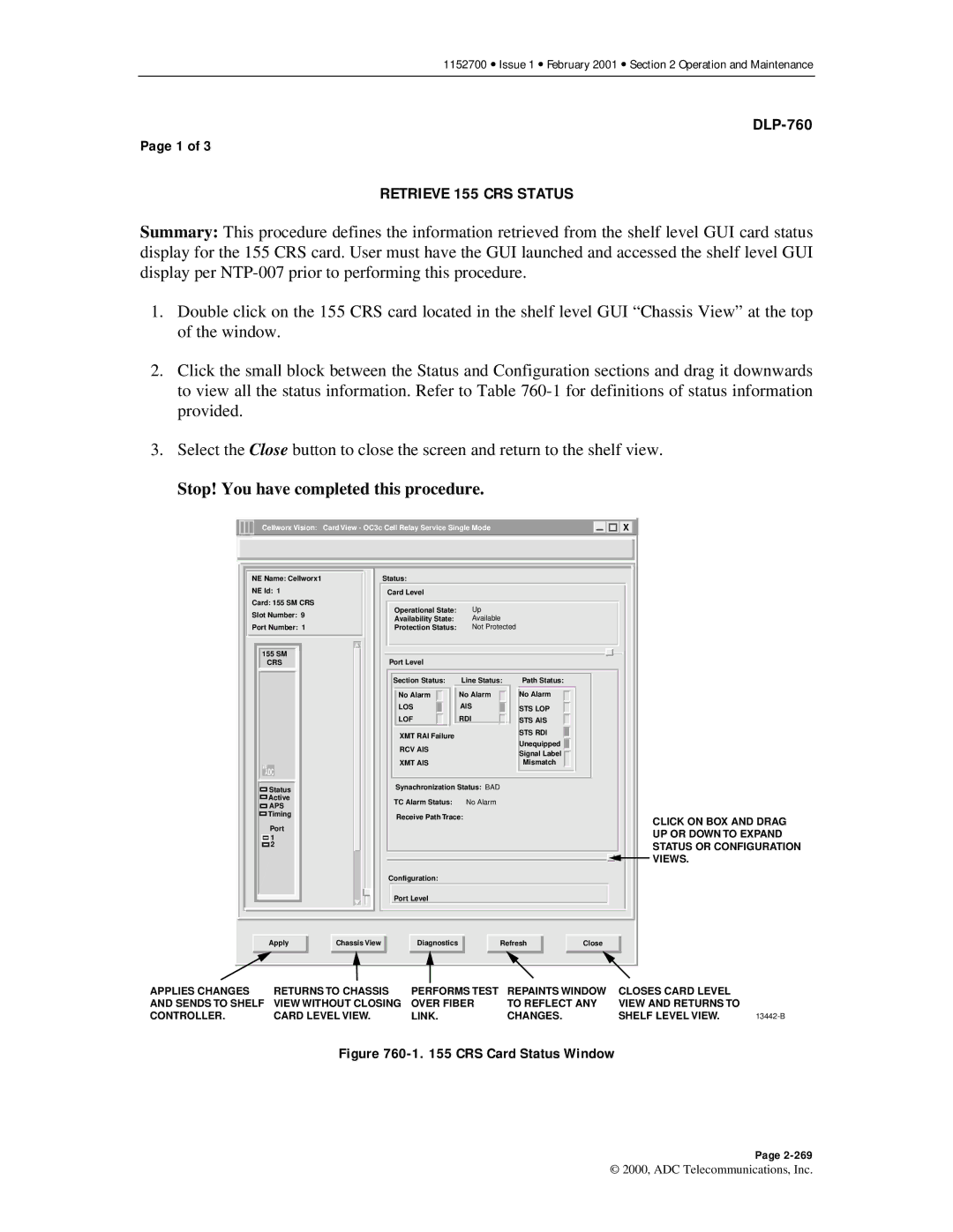 ADC Release 3.1 user manual Retrieve 155 CRS Status, CRS Card Status Window 