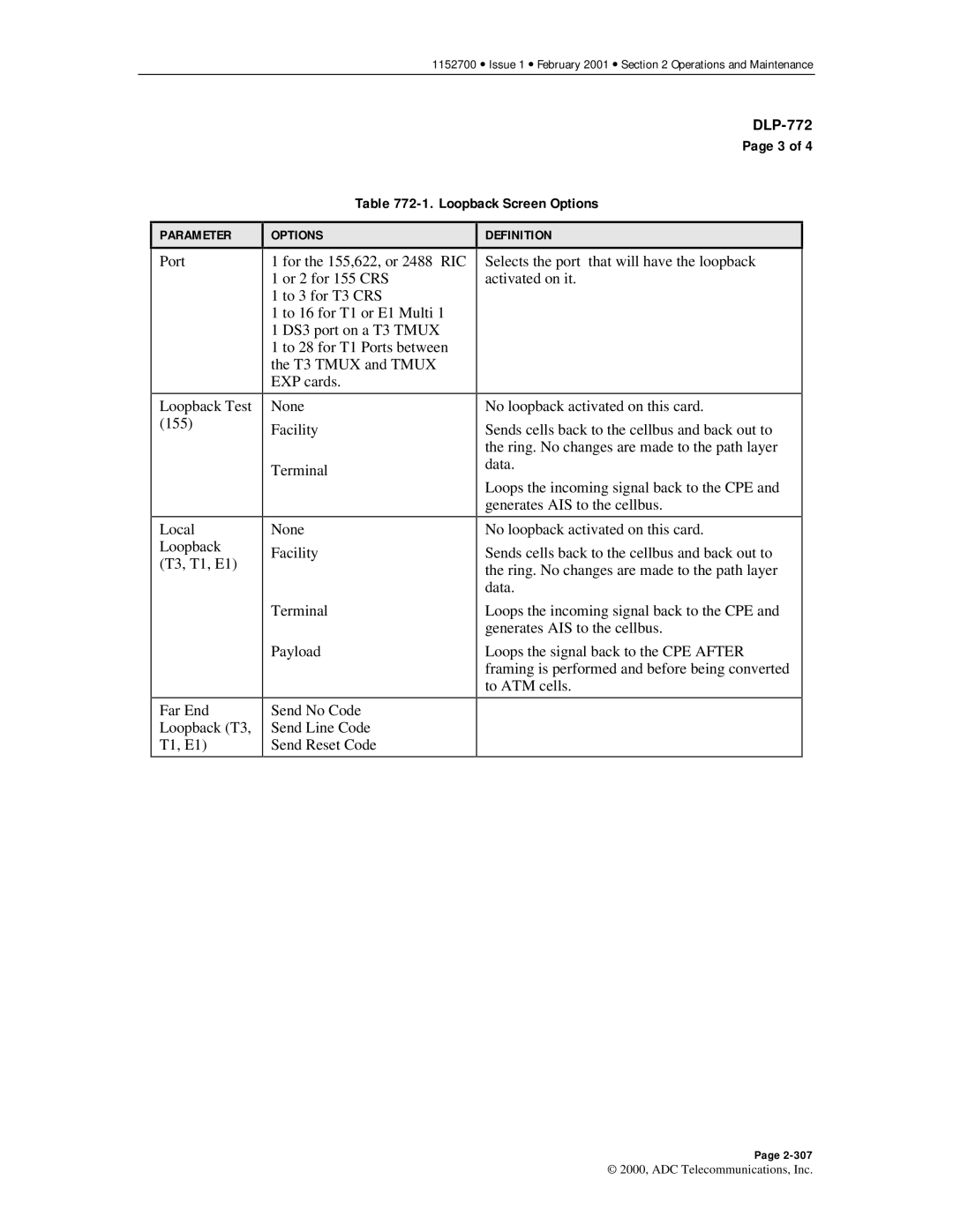 ADC Release 3.1 user manual Loopback Screen Options 