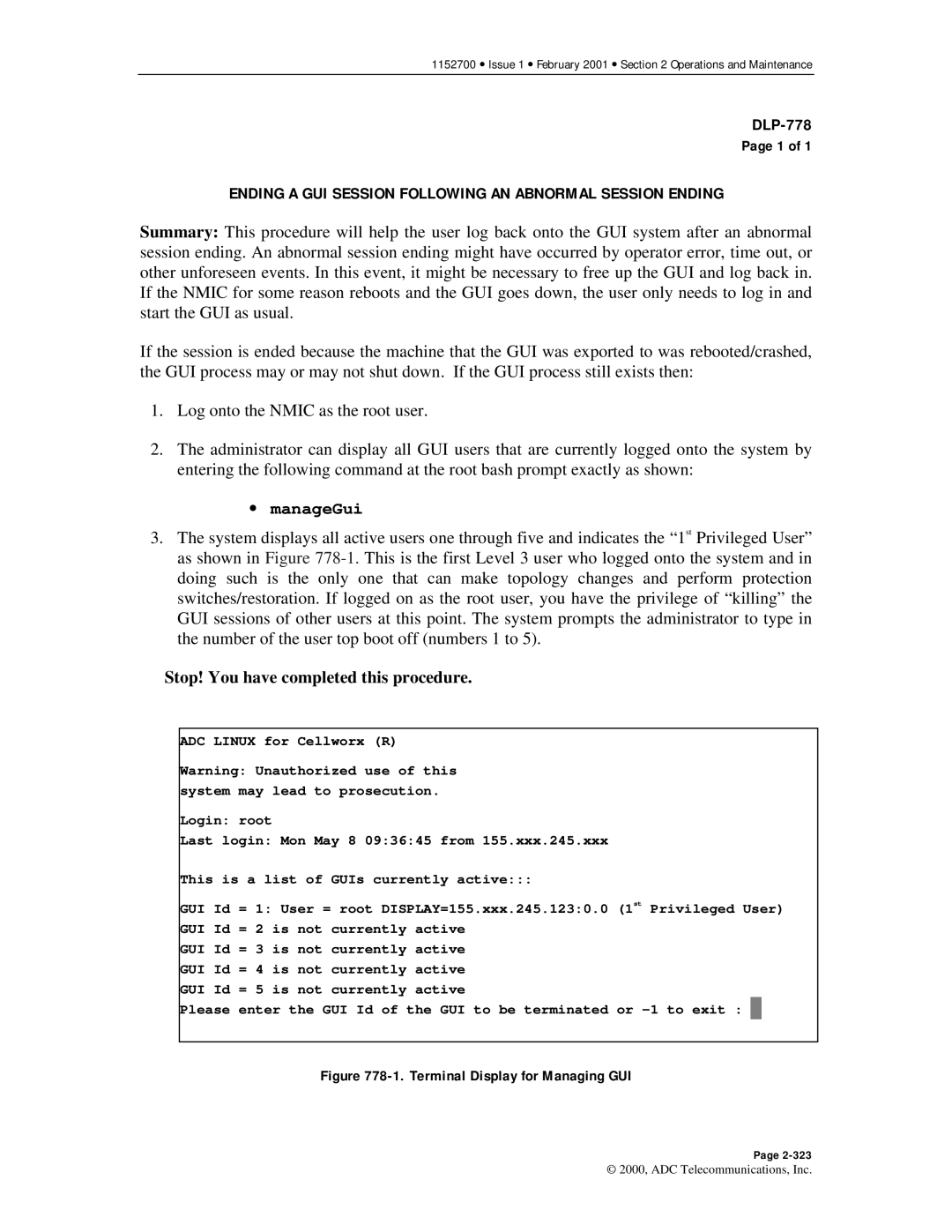 ADC Release 3.1 user manual Ending a GUI Session Following AN Abnormal Session Ending, Terminal Display for Managing GUI 