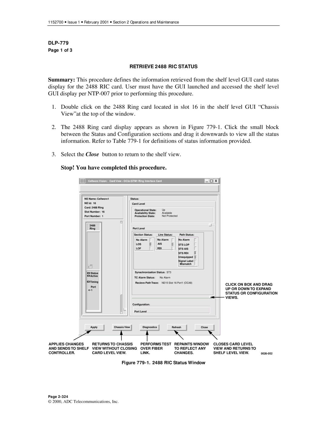 ADC Release 3.1 user manual Retrieve 2488 RIC Status, Cellworx Vision Card View OC3c/STM1 Ring Interface Card 