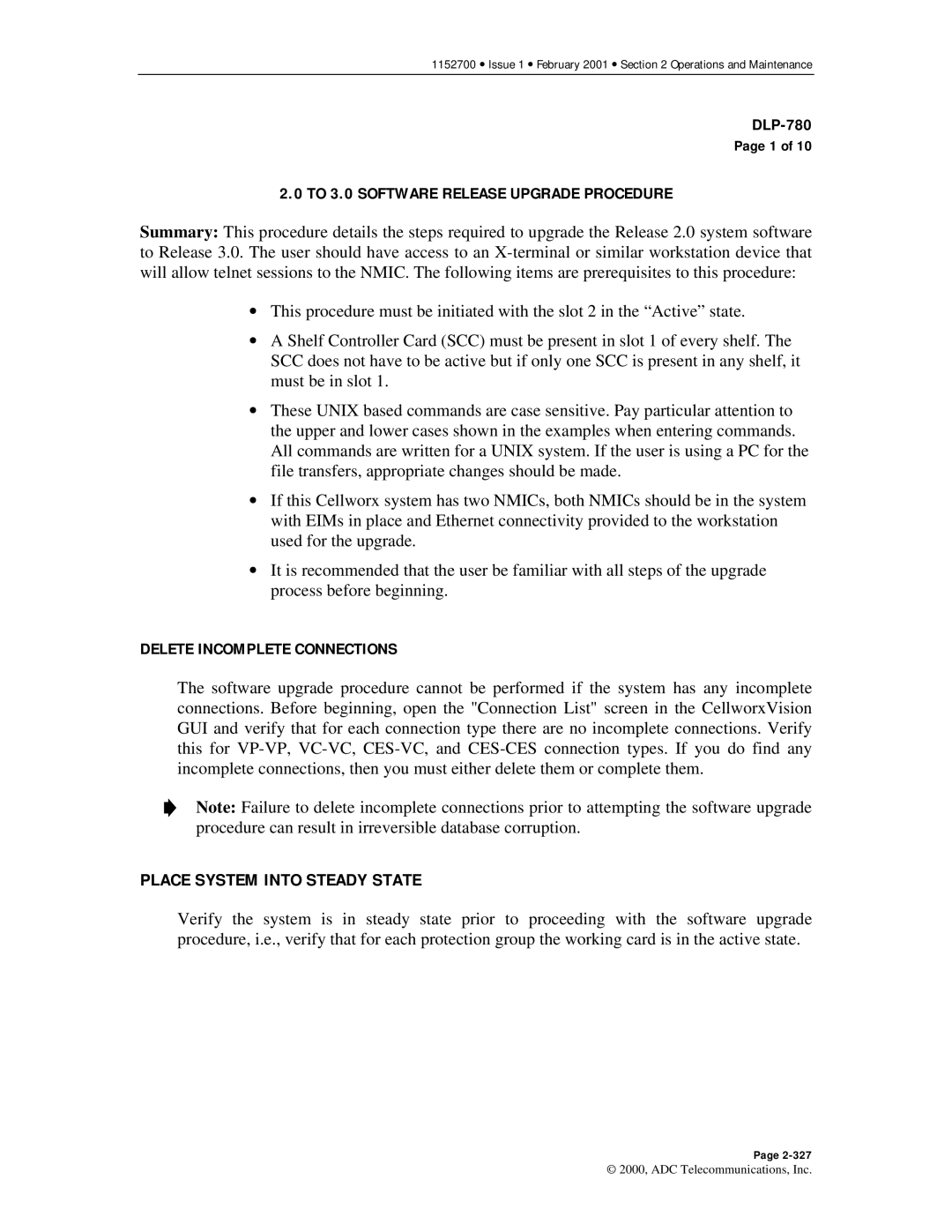 ADC Release 3.1 Place System Into Steady State, To 3.0 Software Release Upgrade Procedure, Delete Incomplete Connections 