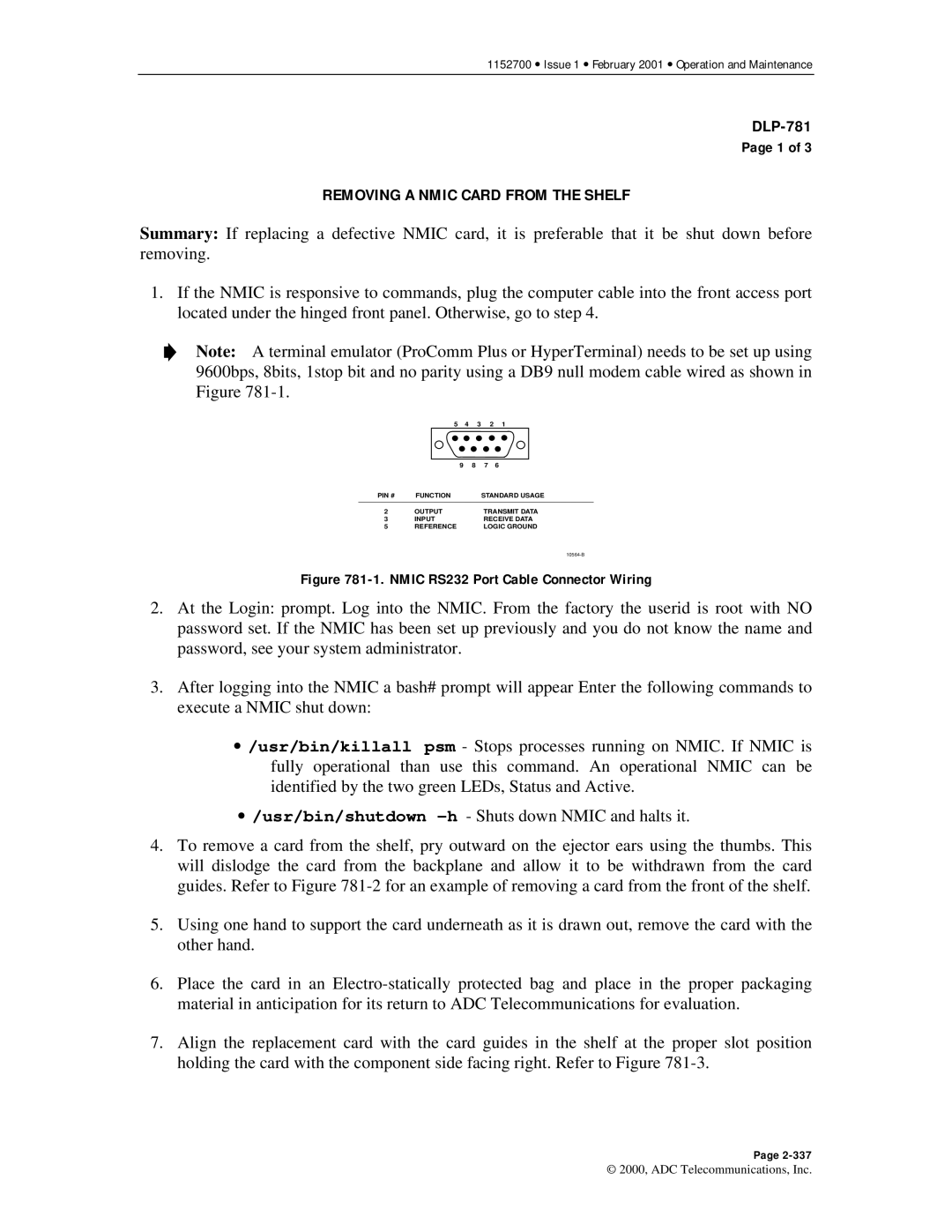 ADC Release 3.1 user manual Removing a Nmic Card from the Shelf, Nmic RS232 Port Cable Connector Wiring 