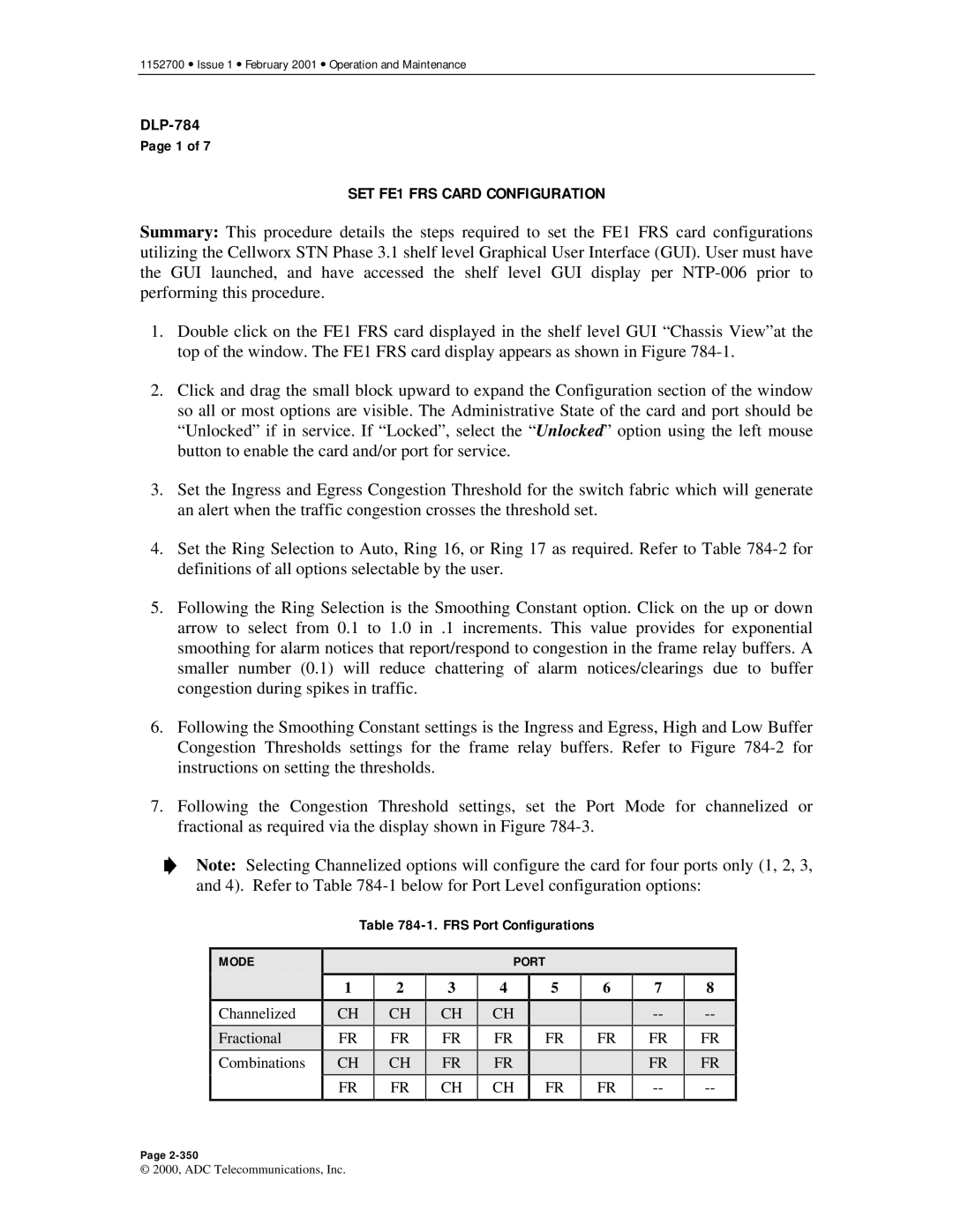 ADC Release 3.1 user manual SET FE1 FRS Card Configuration, FRS Port Configurations 