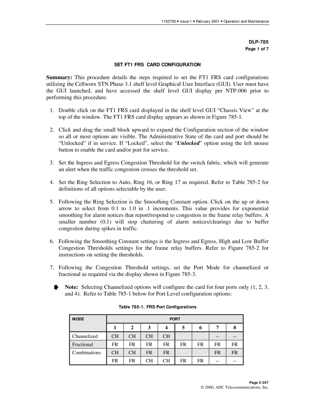 ADC Release 3.1 user manual SET FT1 FRS Card Configuration, FRS Port Configurations 