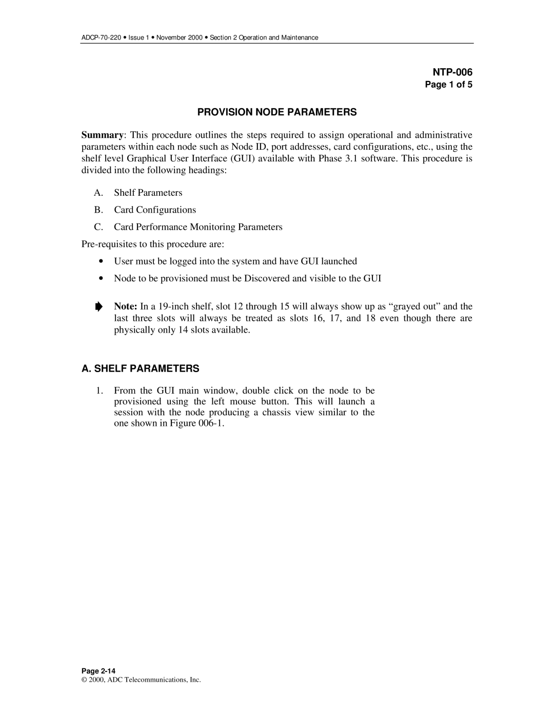 ADC Release 3.1 user manual Provision Node Parameters, Shelf Parameters 