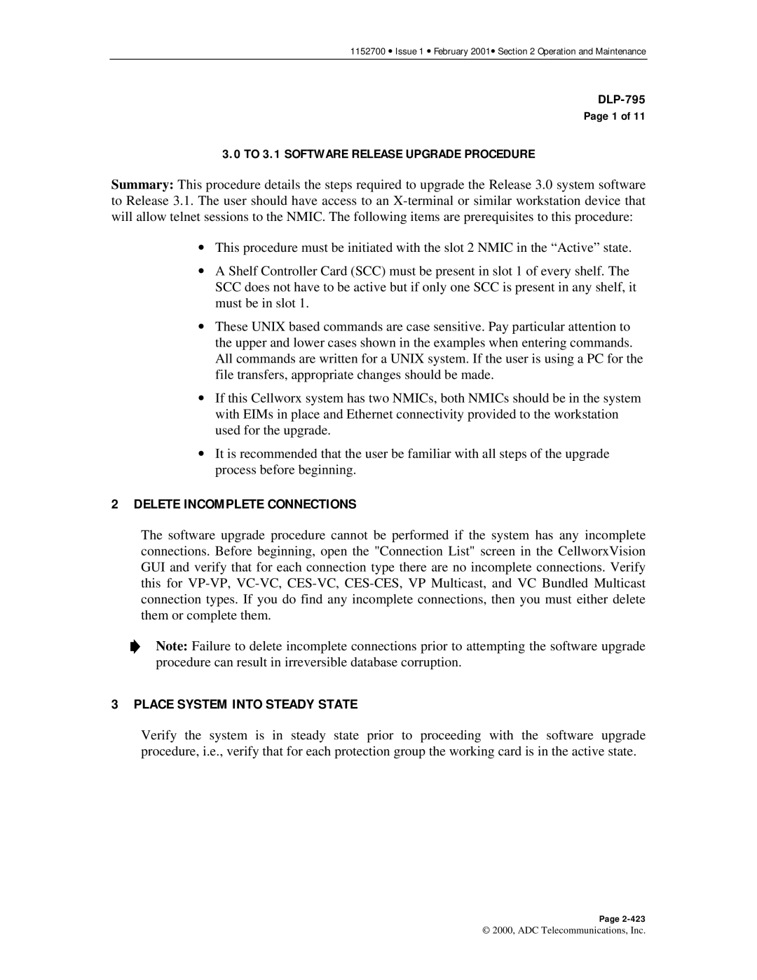 ADC Release 3.1 user manual Delete Incomplete Connections, To 3.1 Software Release Upgrade Procedure 