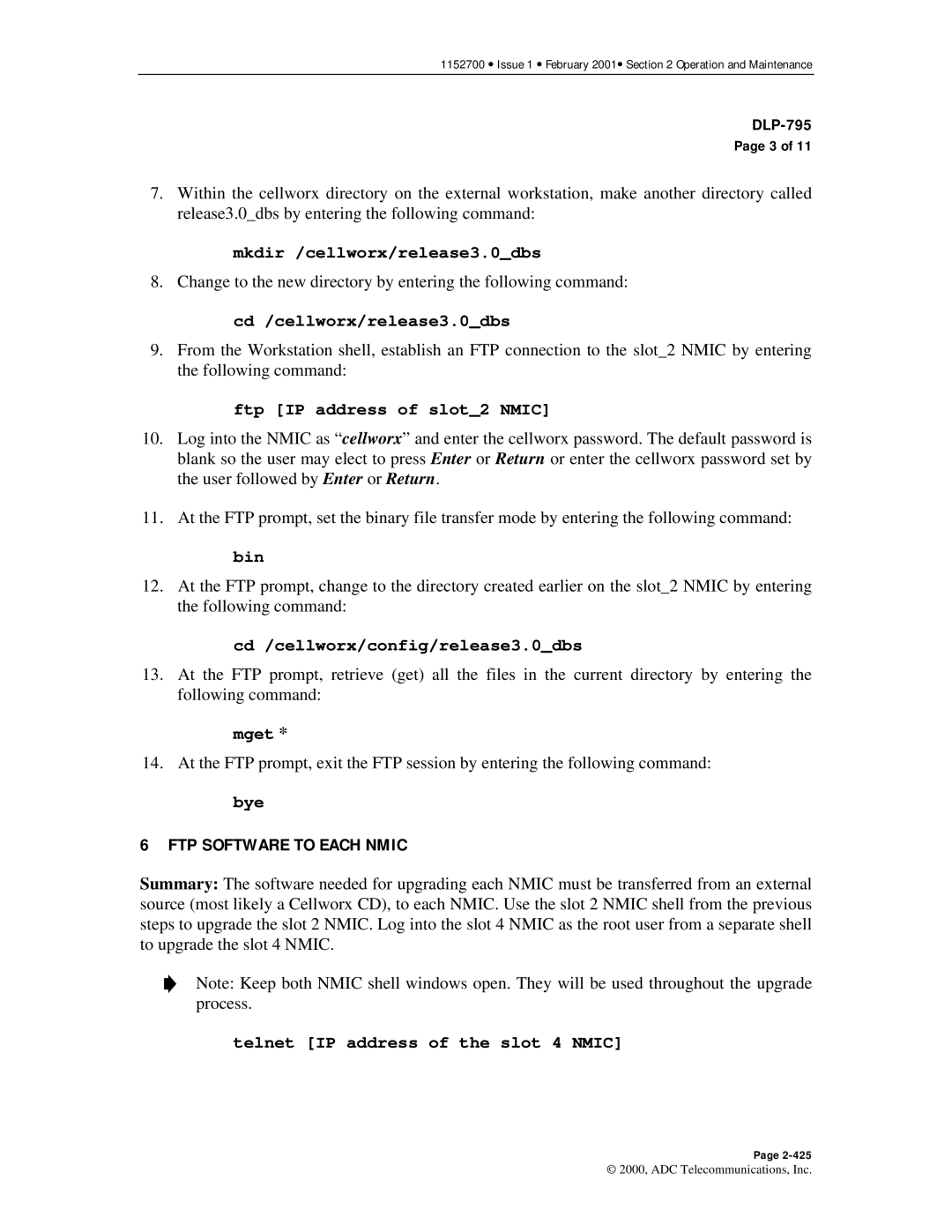 ADC Release 3.1 user manual FTP Software to Each Nmic, Cd /cellworx/release3.0dbs 