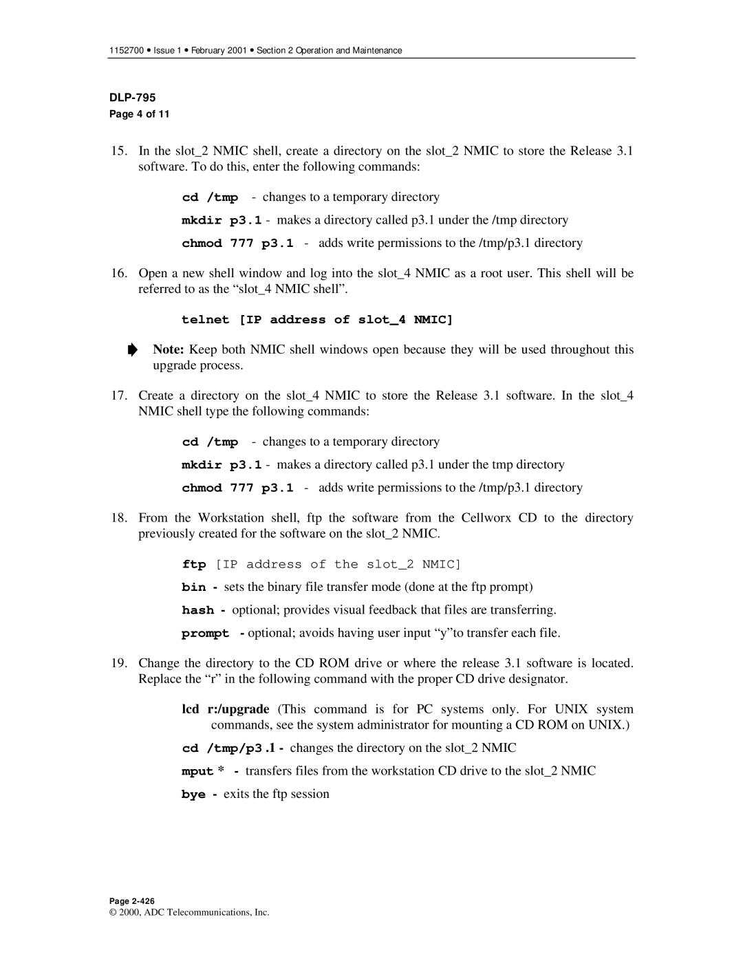 ADC Release 3.1 user manual Telnet IP address of slot4 Nmic 