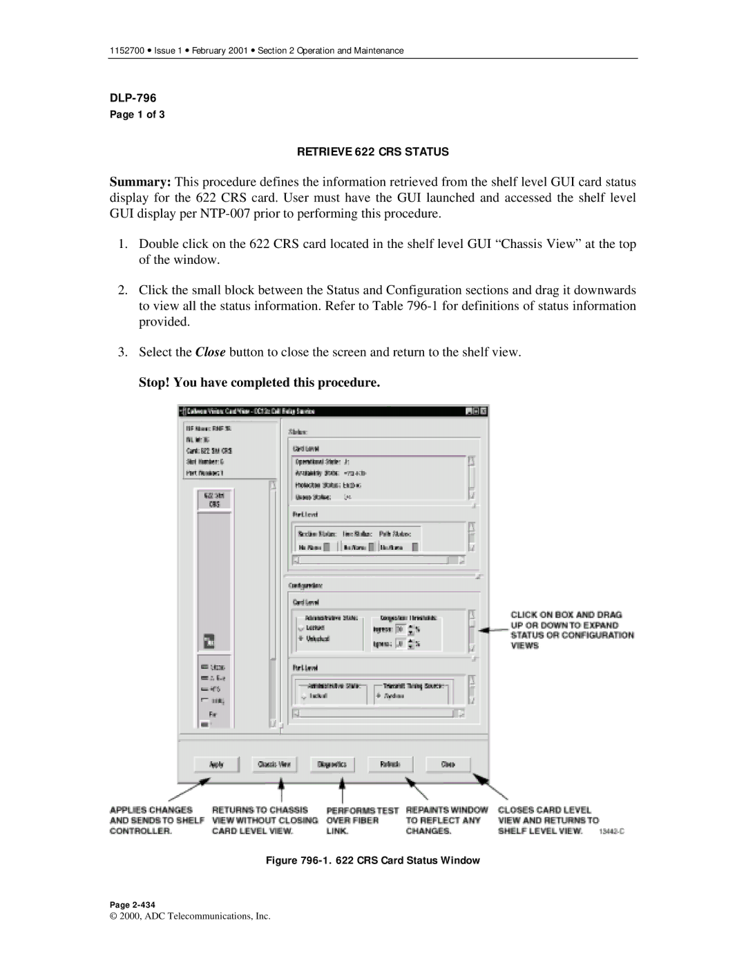 ADC Release 3.1 user manual Retrieve 622 CRS Status, CRS Card Status Window 