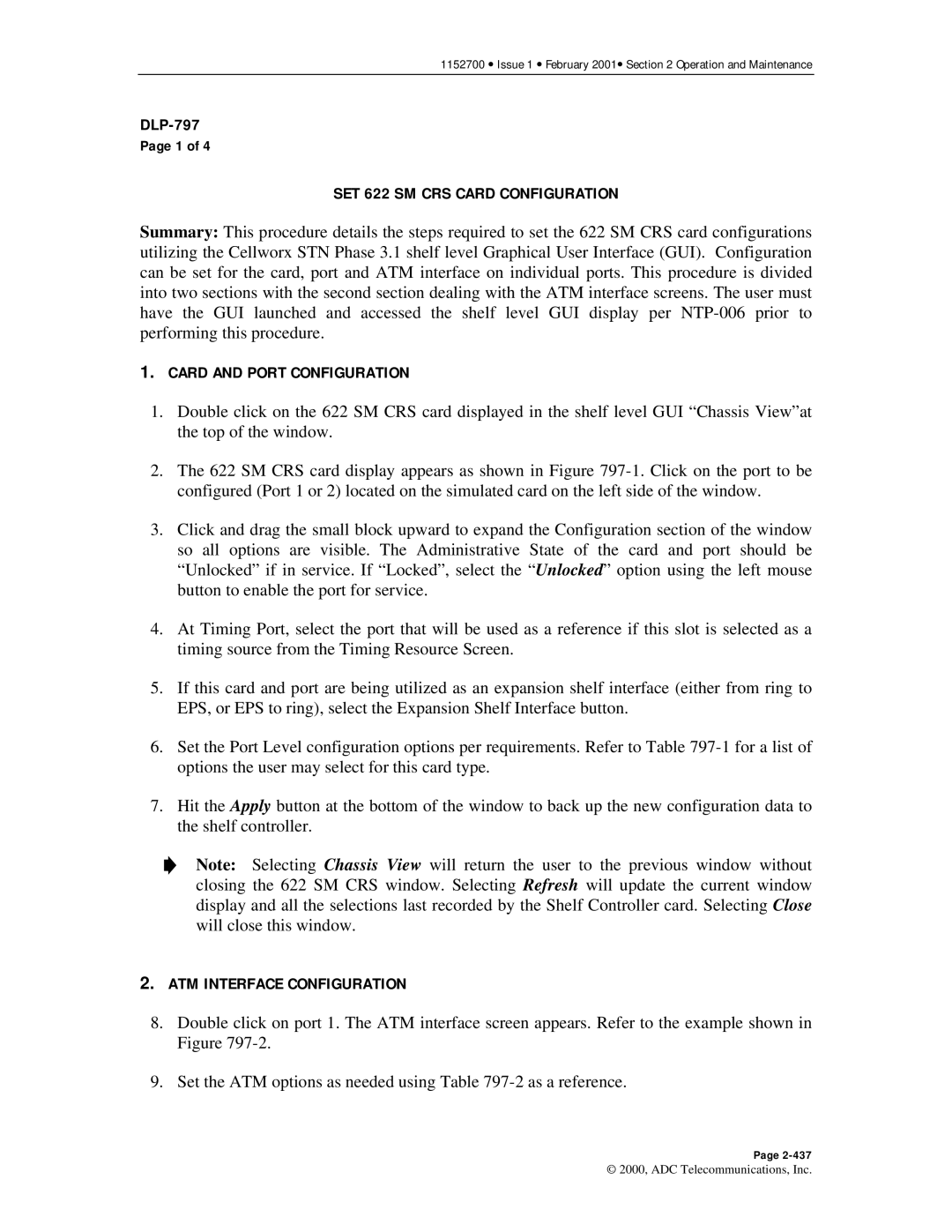 ADC Release 3.1 user manual SET 622 SM CRS Card Configuration, Card and Port Configuration 