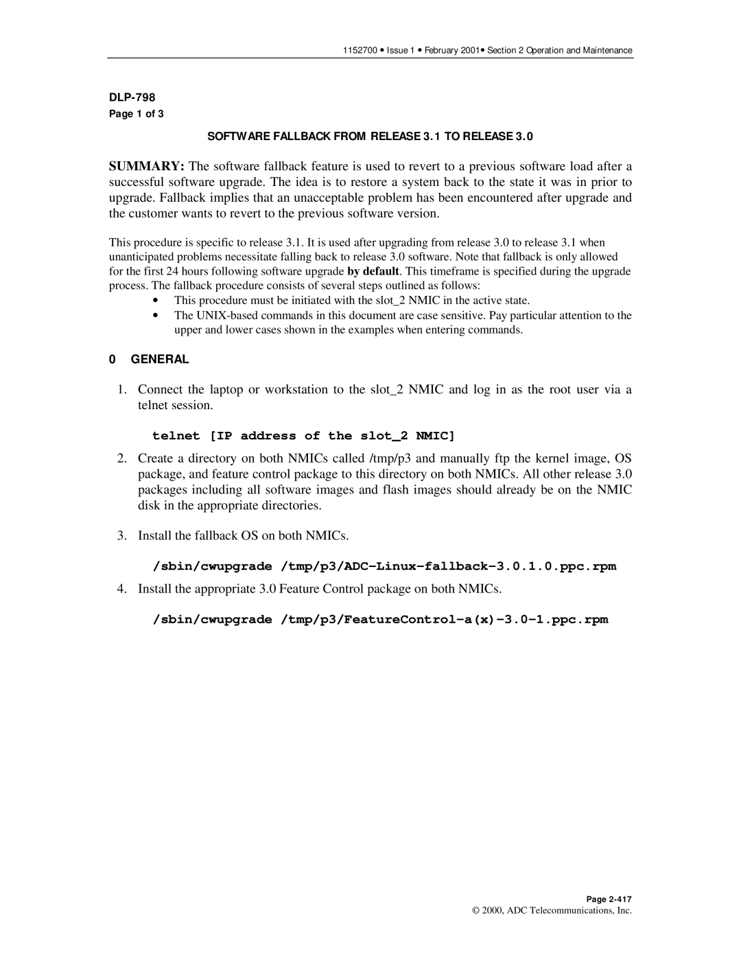 ADC user manual Software Fallback from Release 3.1 to Release, Telnet IP address of the slot2 Nmic 