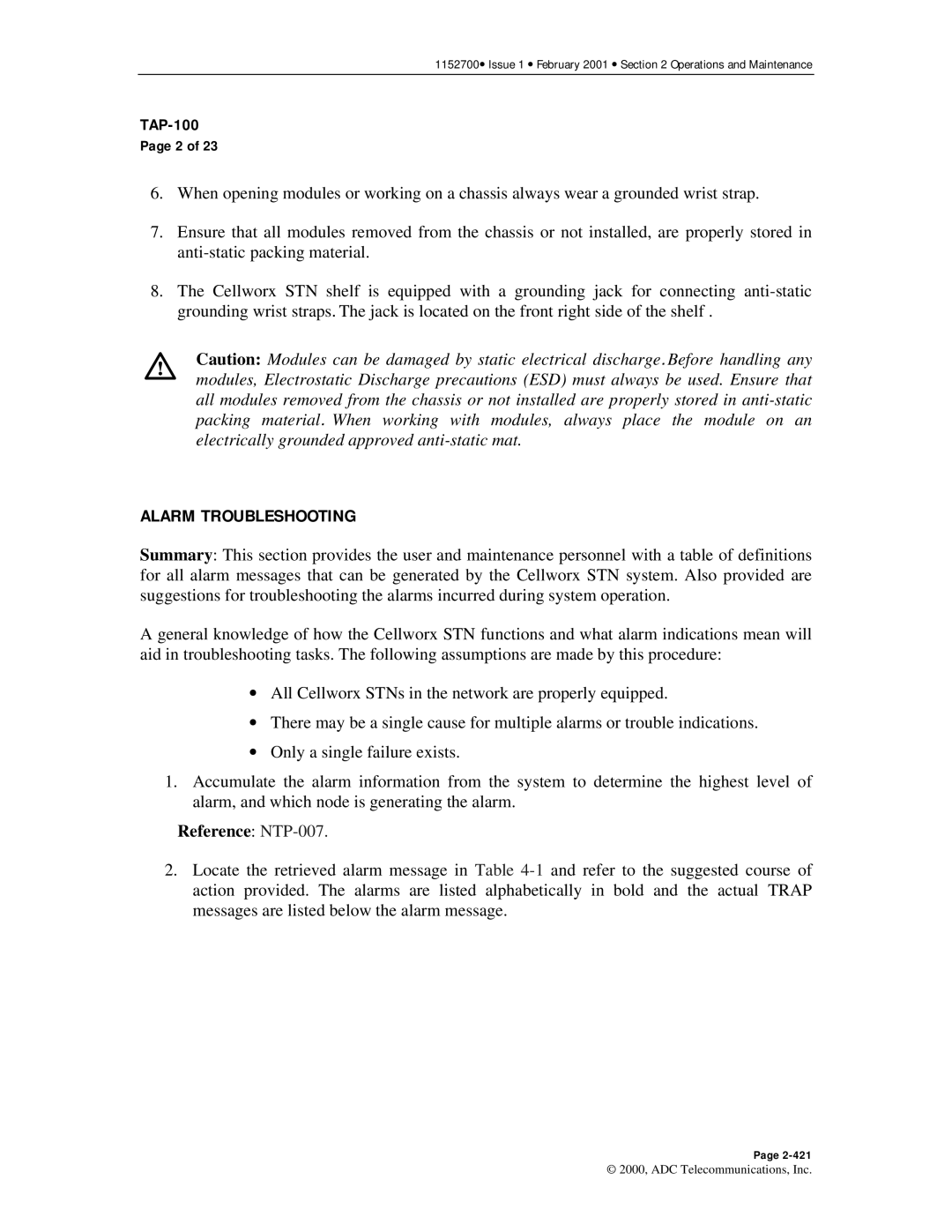 ADC Release 3.1 user manual Alarm Troubleshooting, Reference NTP-007 