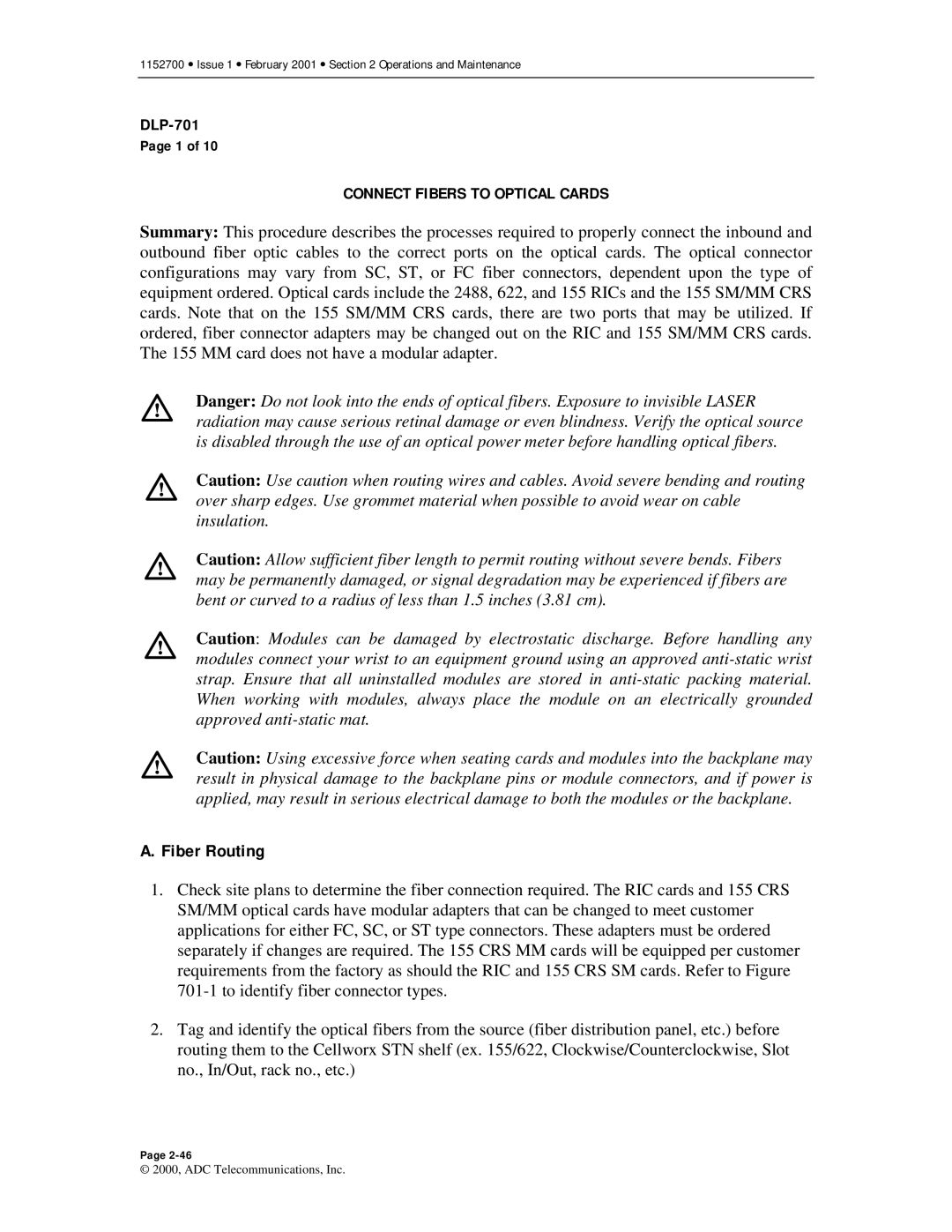 ADC Release 3.1 user manual Fiber Routing, Connect Fibers to Optical Cards 