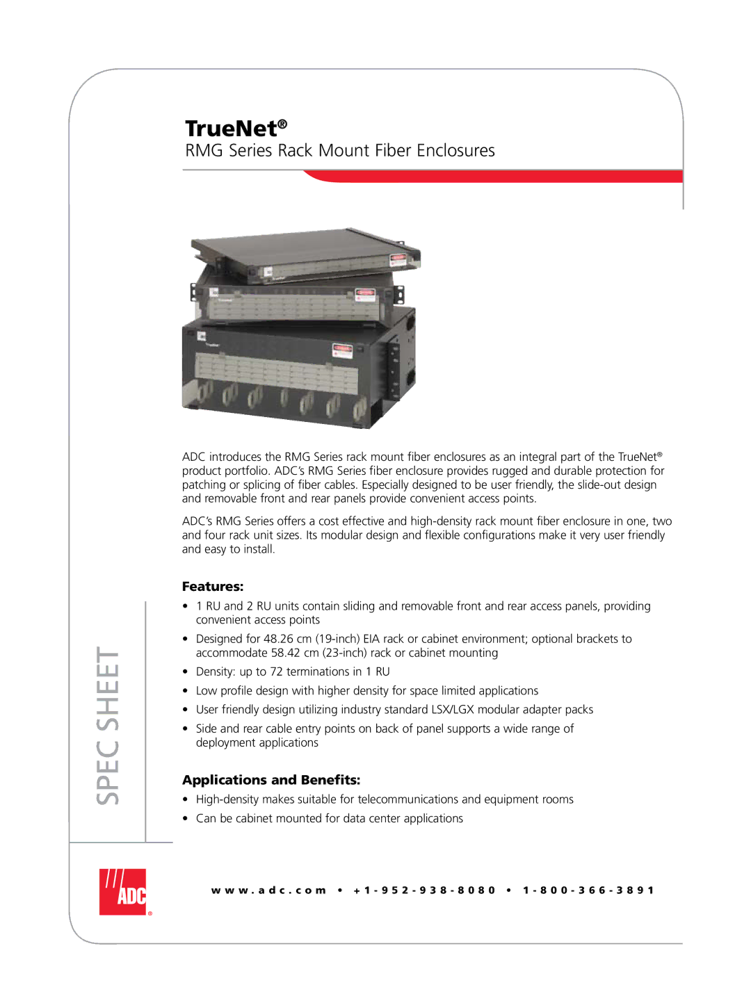 ADC manual RMG Series Rack Mount Fiber Enclosures, Features, Applications and Benefits 