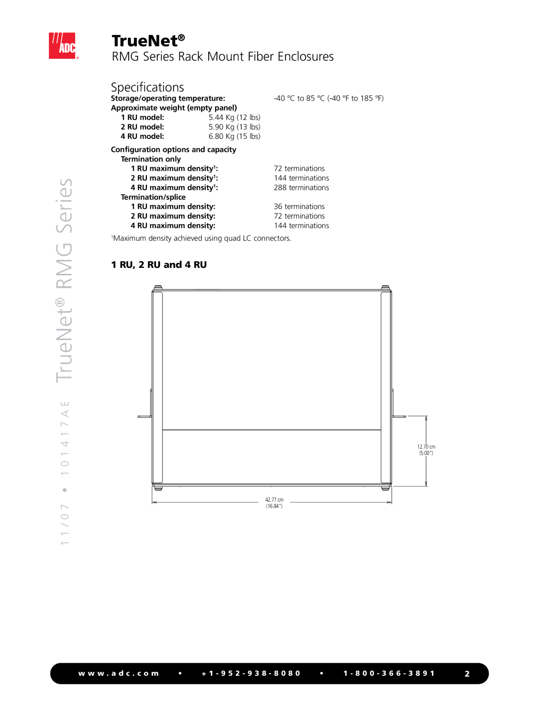 ADC manual RMG Series Rack Mount Fiber Enclosures Specifications, RU, 2 RU and 4 RU, Storage/operating temperature 